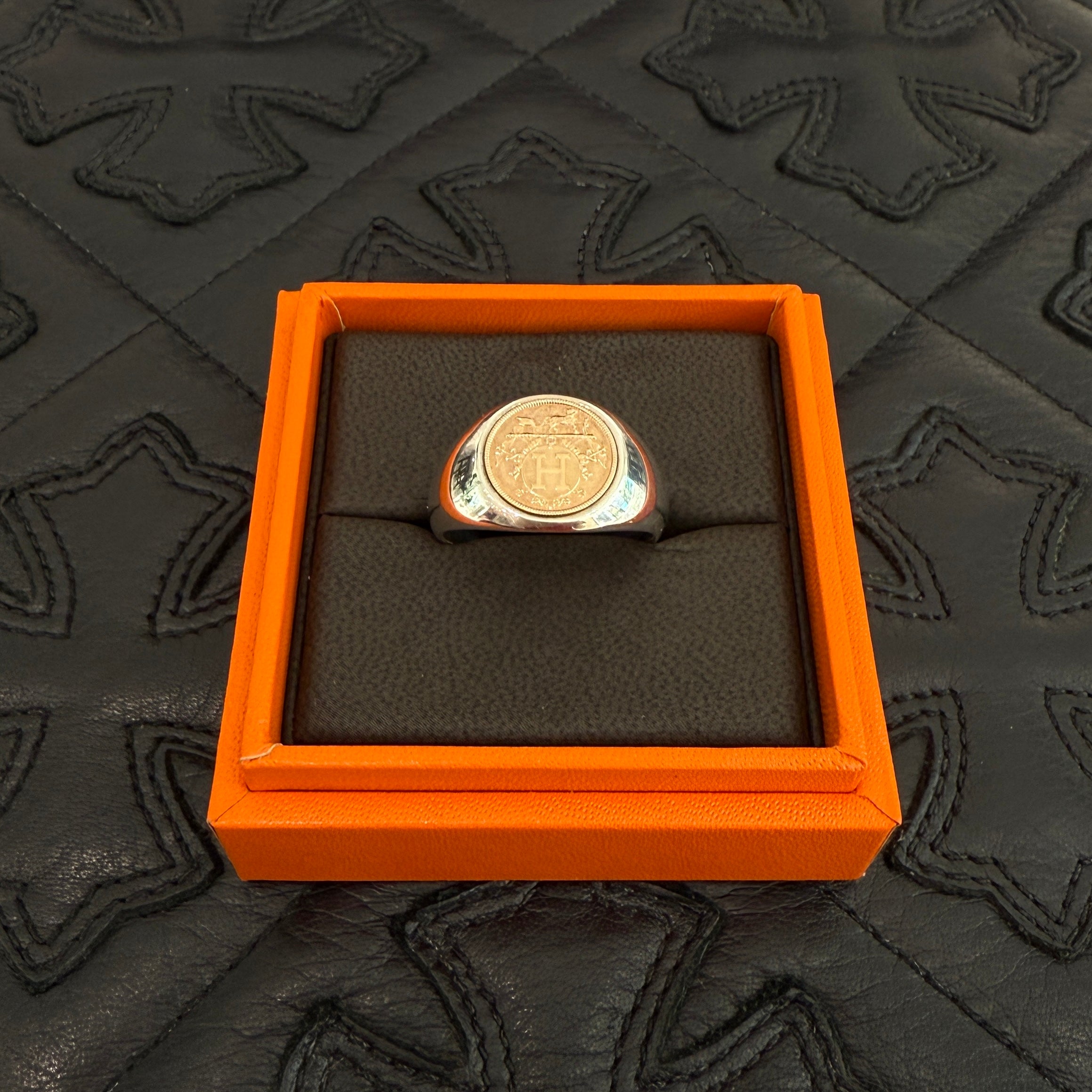 HERMES Ag925 Au750 Ex Libris Signet Ring PM Size 25号 エルメス