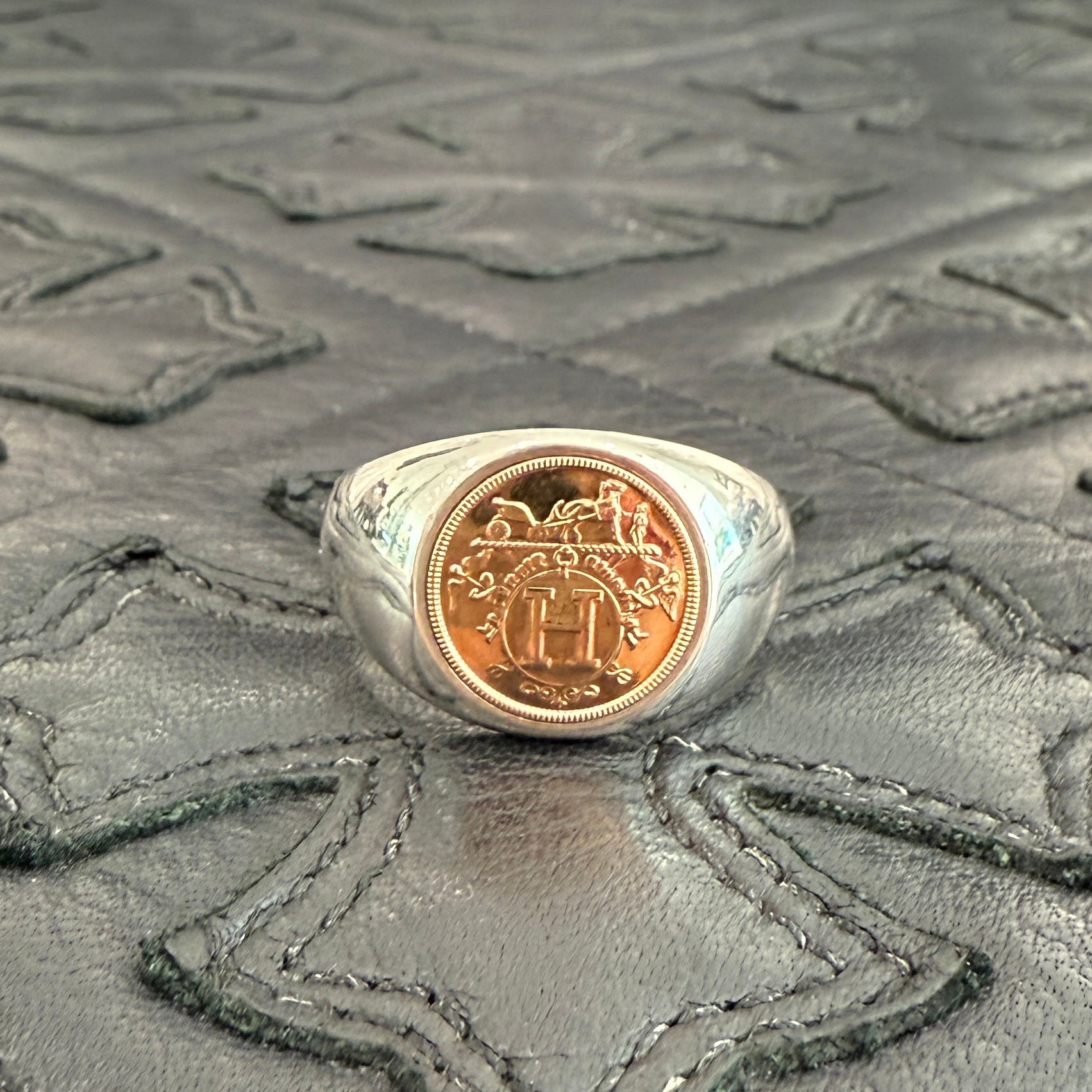 HERMES Ag925 Au750 Ex Libris Signet Ring PM Size 25号 エルメス