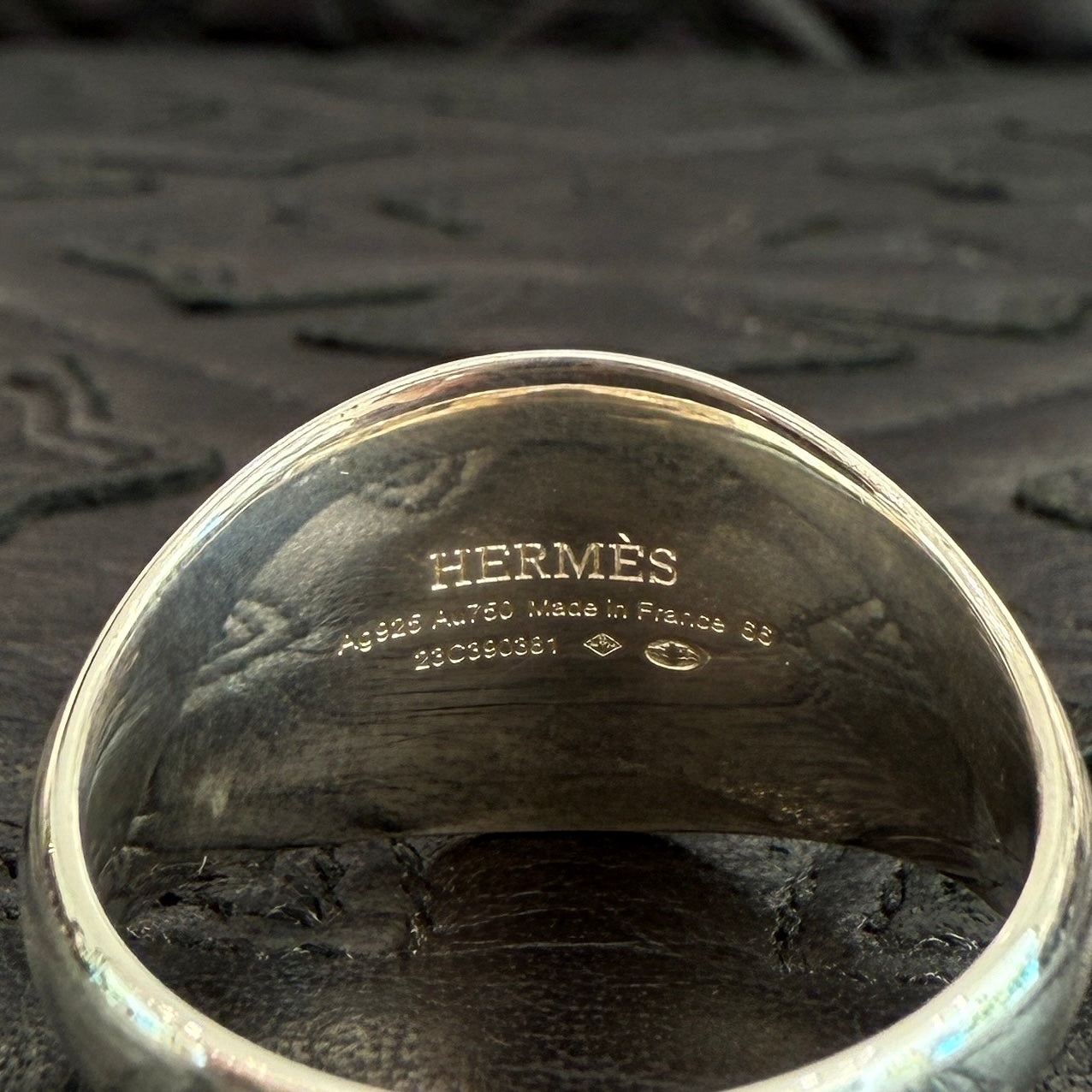 HERMES Ag925 Au750 Ex Libris Signet Ring PM Size 25号 エルメス
