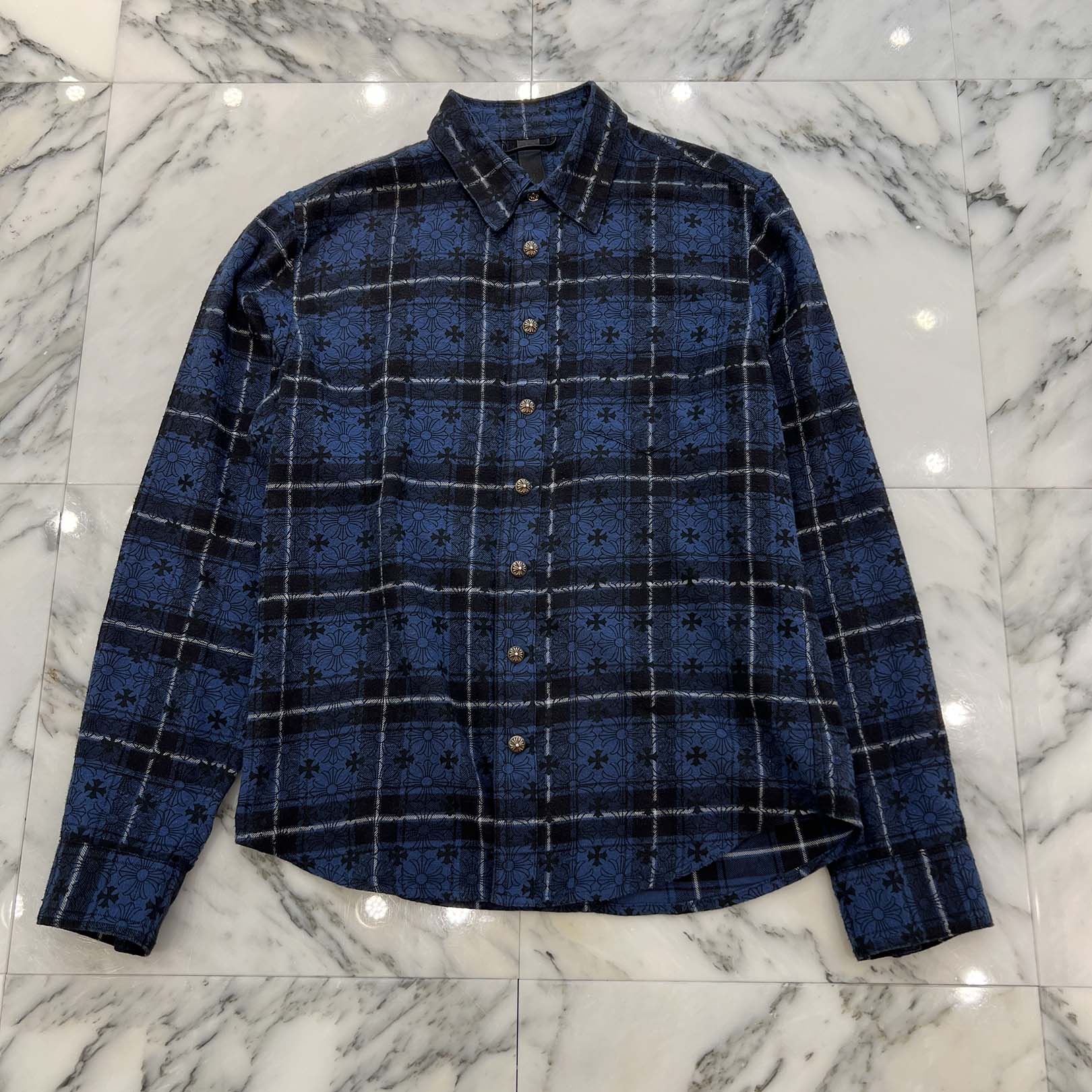 CHROME HEARTS Loose Ends Cross Leather Patch Check Shirt Size M クロムハーツ ルーズエンド クロスレザーパッチ チェック シャツ サイズM