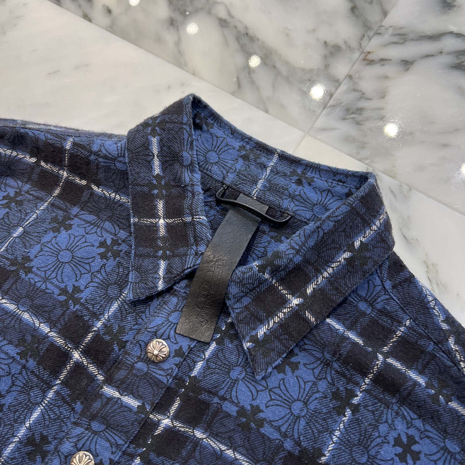 CHROME HEARTS Loose Ends Cross Leather Patch Check Shirt Size M