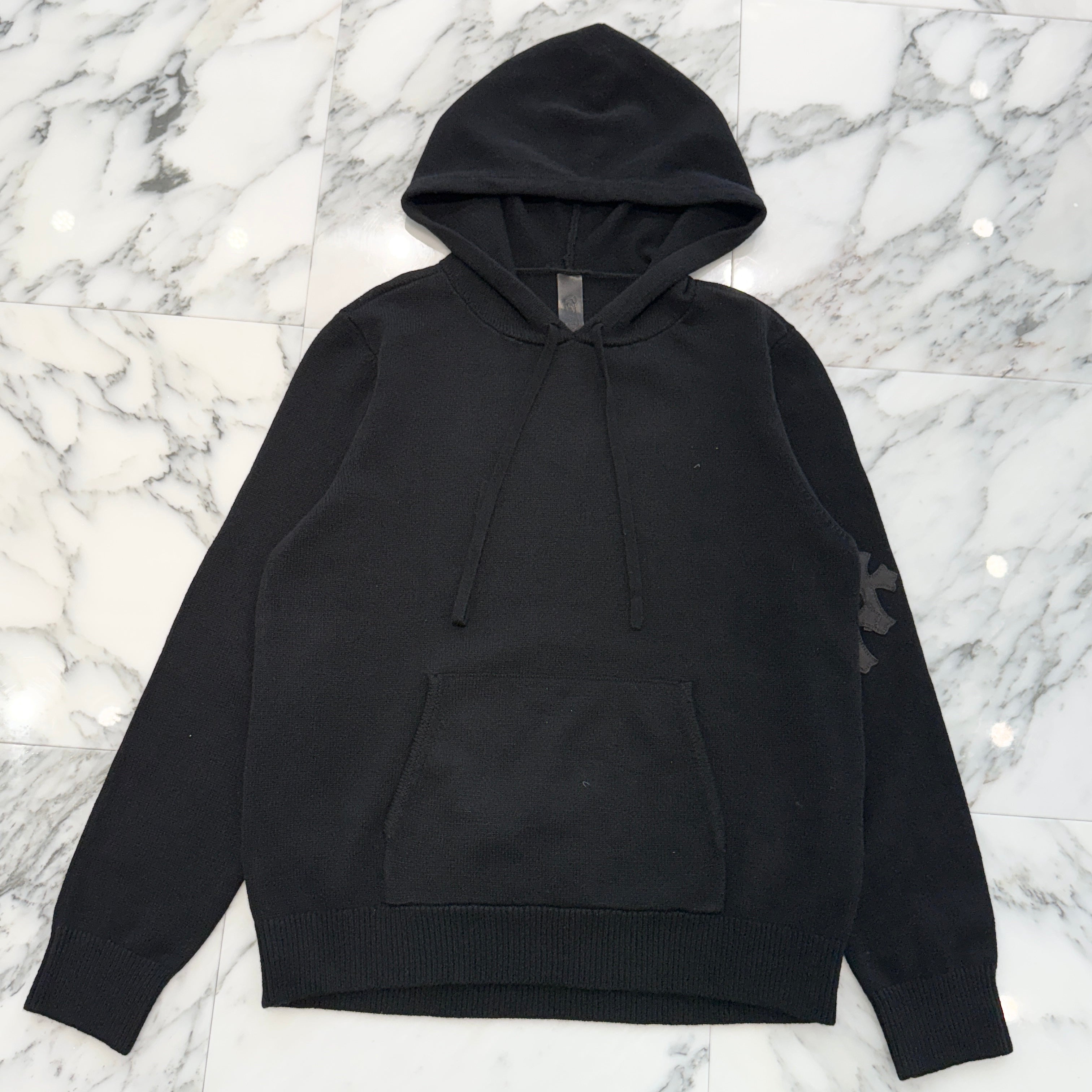 CHROME HEARTS Y NOT Leather Cross Patch Cashmere Knit Pullover Hoodie Size S クロムハーツ ワイノット レザークロスパッチ カシミヤニット プルオーバーフーディ サイズS