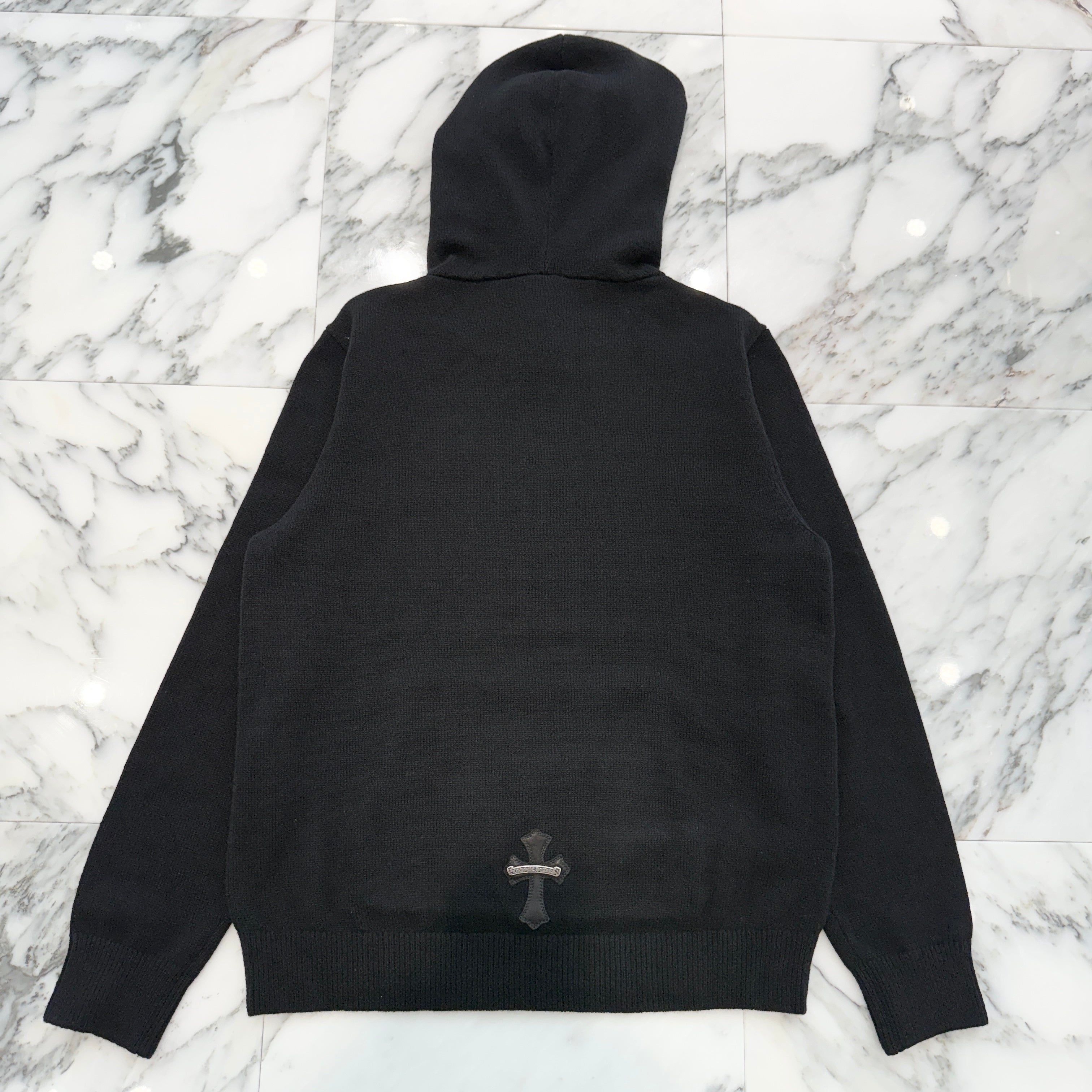 CHROME HEARTS Y NOT Leather Cross Patch Cashmere Knit Pullover Hoodie Size S クロムハーツ ワイノット レザークロスパッチ カシミヤニット プルオーバーフーディ サイズS