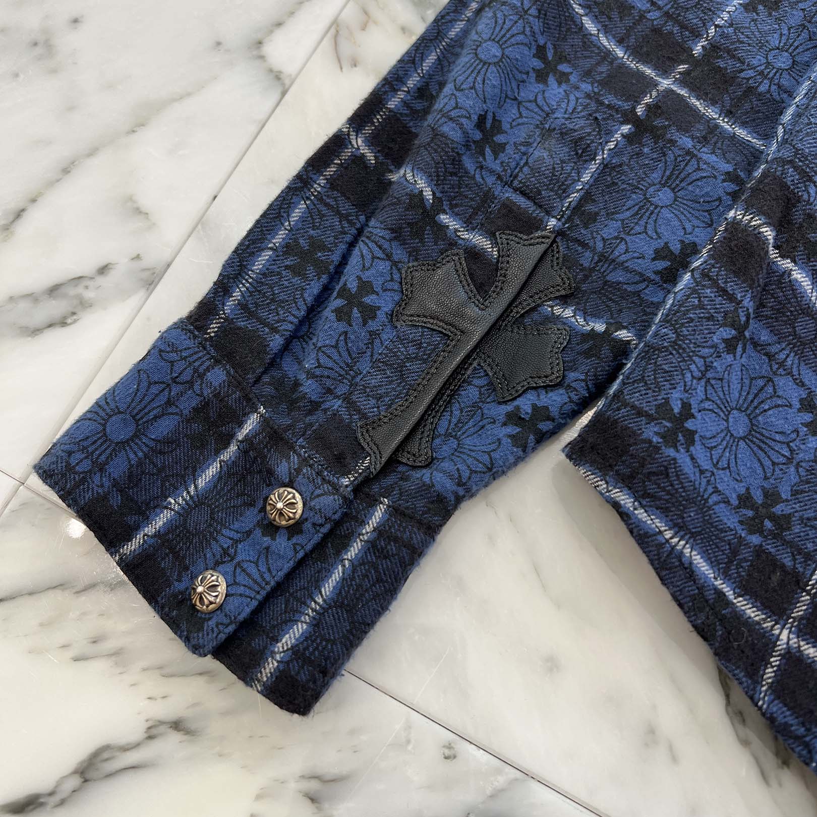 CHROME HEARTS Loose Ends Cross Leather Patch Check Shirt Size M クロムハーツ ルーズエンド クロスレザーパッチ チェック シャツ サイズM