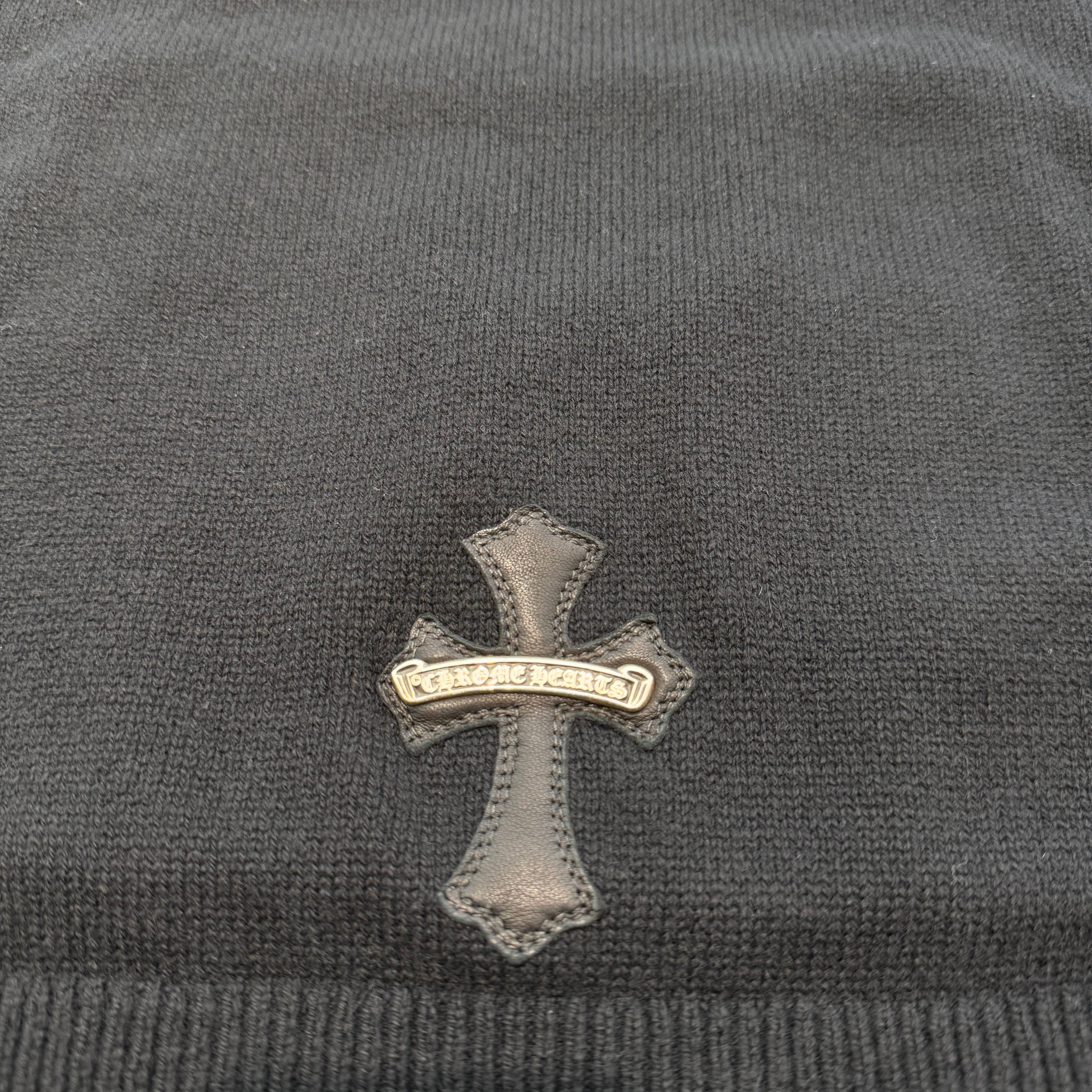 CHROME HEARTS Y NOT Leather Cross Patch Cashmere Knit Pullover Hoodie Size XS/S クロムハーツ ワイノット レザークロスパッチ カシミヤニット プルオーバーフーディ サイズXS/S