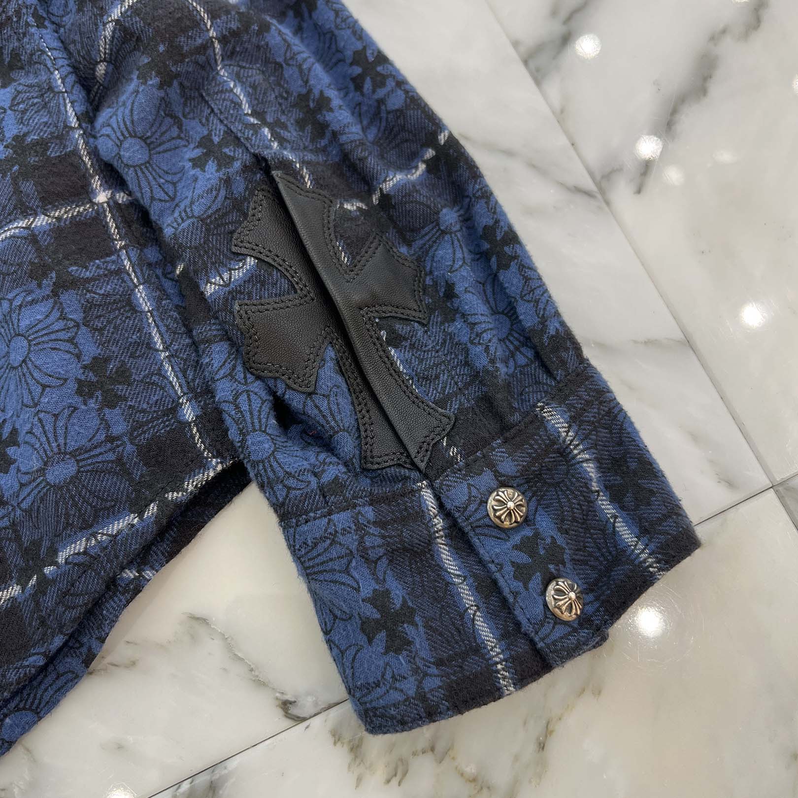 CHROME HEARTS Loose Ends Cross Leather Patch Check Shirt Size M クロムハーツ ルーズエンド クロスレザーパッチ チェック シャツ サイズM