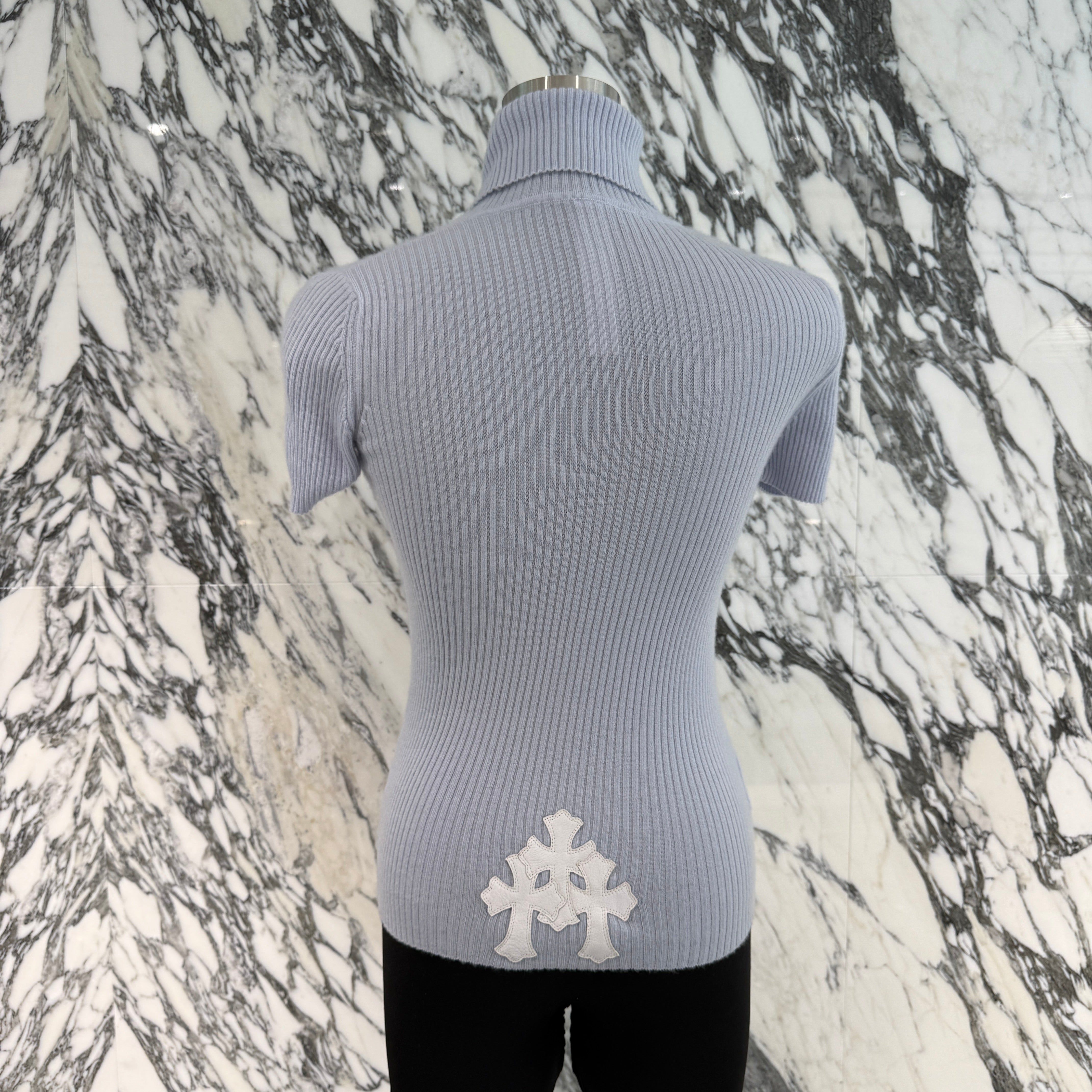 CHROME HEARTS Y NOT Cemetery Cross Leather Patch Cashmere Turtle Neck Knit Tee Size S クロムハーツ ワイノット セメタリークロスパッチ カシミヤ タートルネック ニットTシャツ サイズS