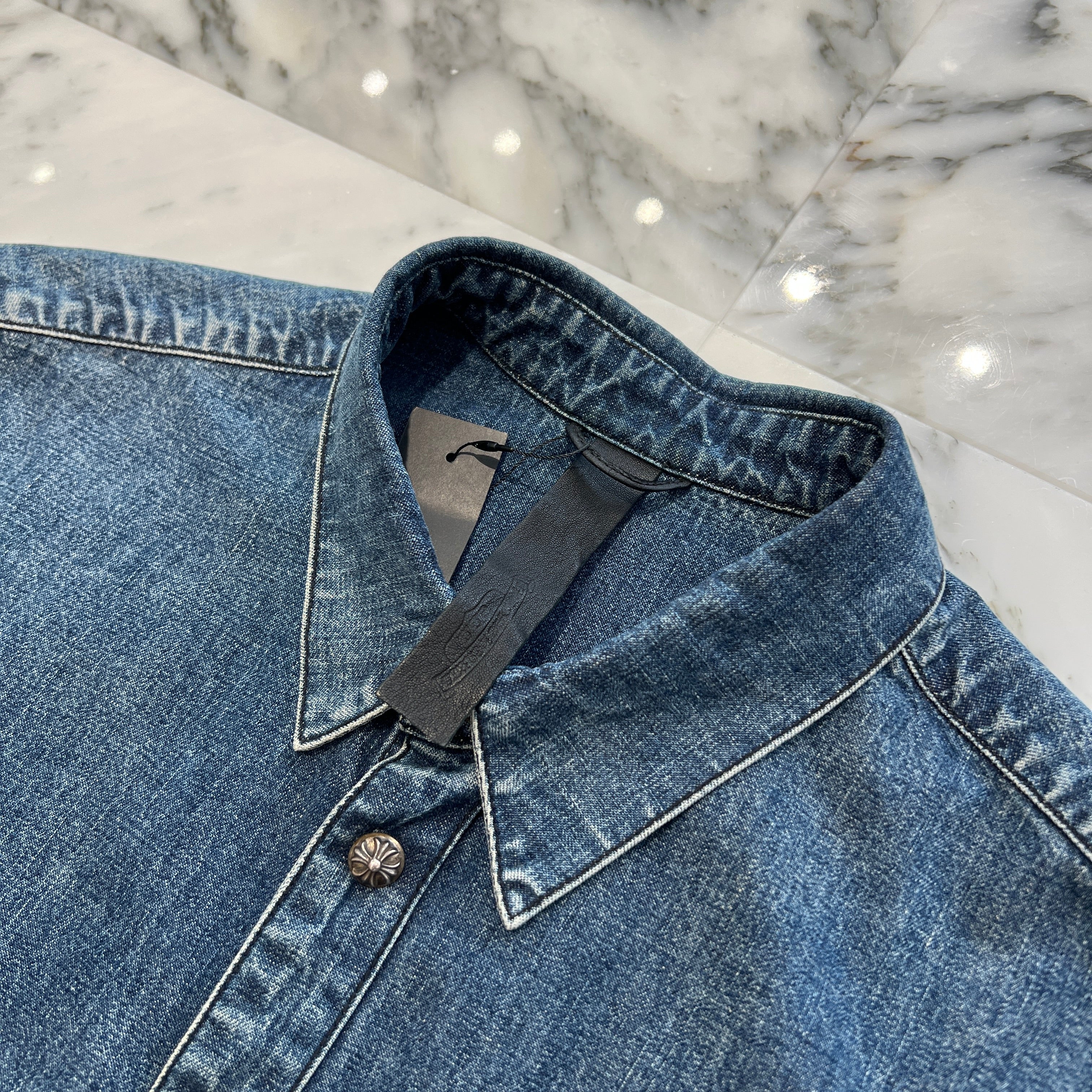 CHROME HEARTS Y NOT Cross Ball Button LAST BITE Denim Shirt Size L クロムハーツ ワイノット クロスボールボタン ラストバイト デニムシャツ サイズL