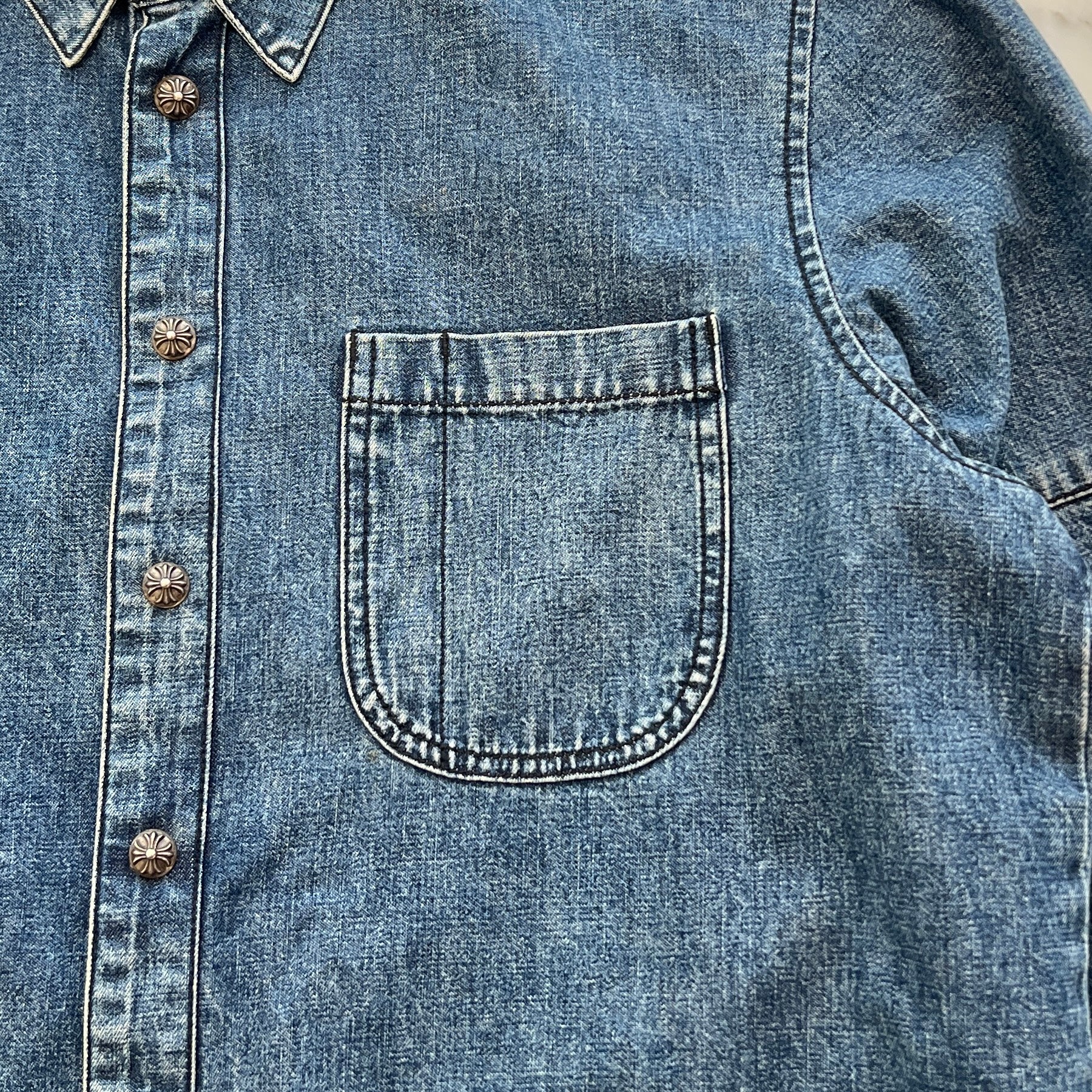 CHROME HEARTS Y NOT Cross Ball Button LAST BITE Denim Shirt Size L クロムハーツ ワイノット クロスボールボタン ラストバイト デニムシャツ サイズL