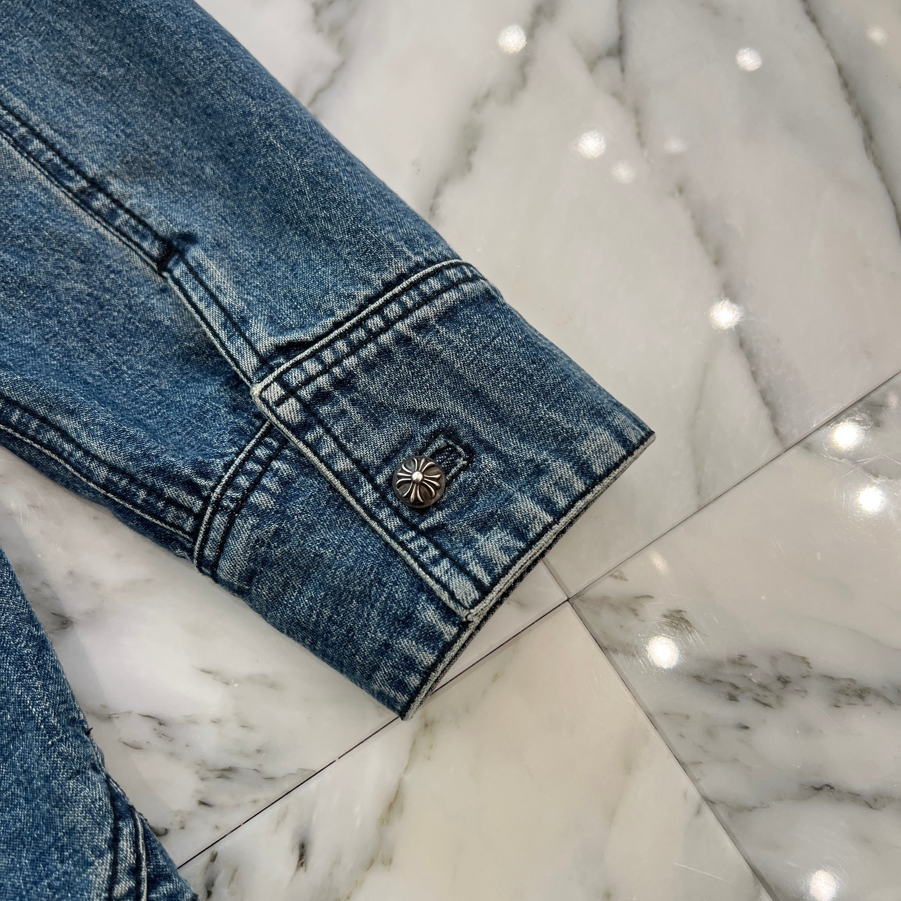 CHROME HEARTS Y NOT Cross Ball Button LAST BITE Denim Shirt Size L クロムハーツ ワイノット クロスボールボタン ラストバイト デニムシャツ サイズL