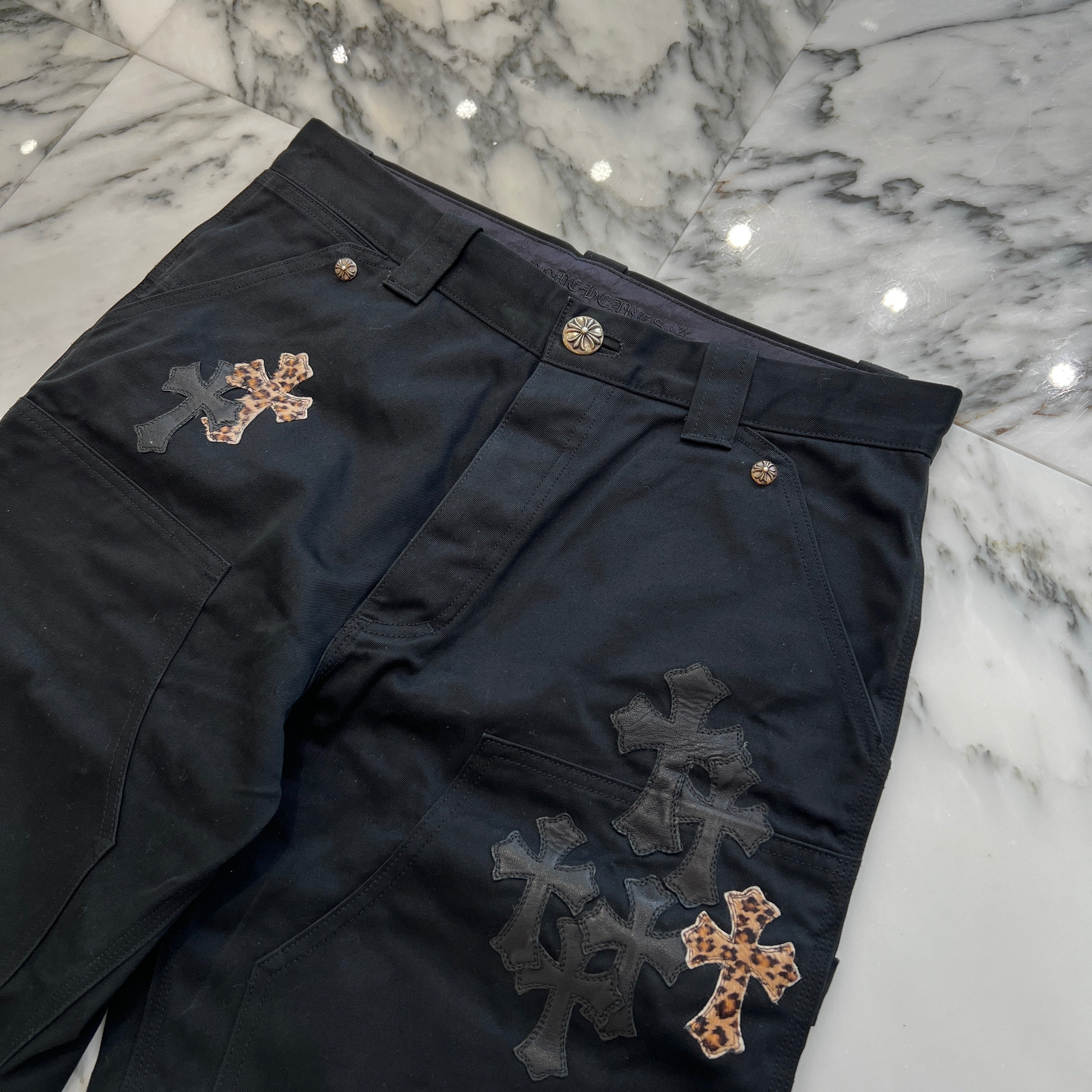 CHROME HEARTS Multi Leather Patch Carpenter Cross Ball Button Denim Pants Size 36 クロムハーツ マルチレザーパッチ カーペンター クロスボールボタン デニムパンツ サイズ36