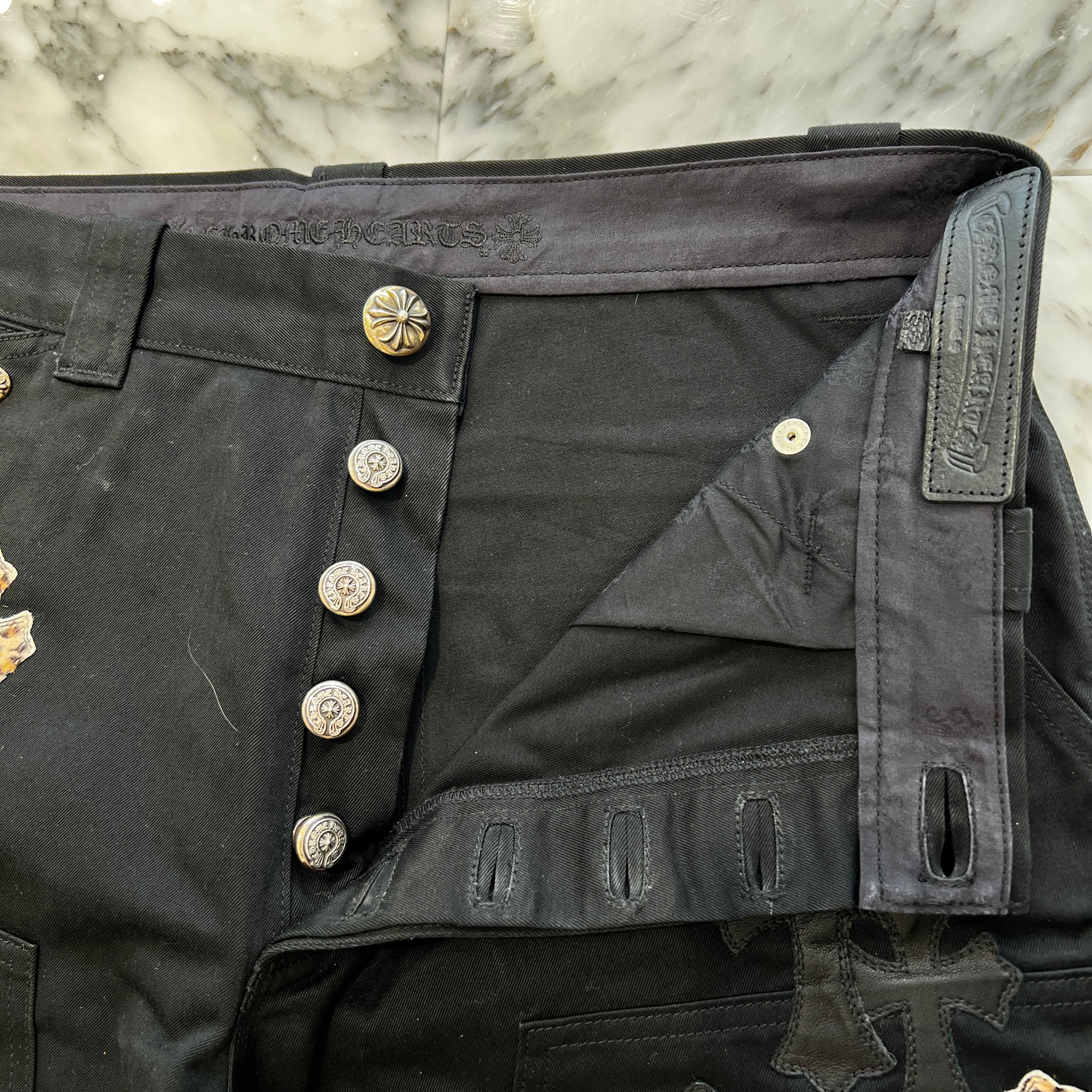 CHROME HEARTS Multi Leather Patch Carpenter Cross Ball Button Denim Pants Size 36 クロムハーツ マルチレザーパッチ カーペンター クロスボールボタン デニムパンツ サイズ36