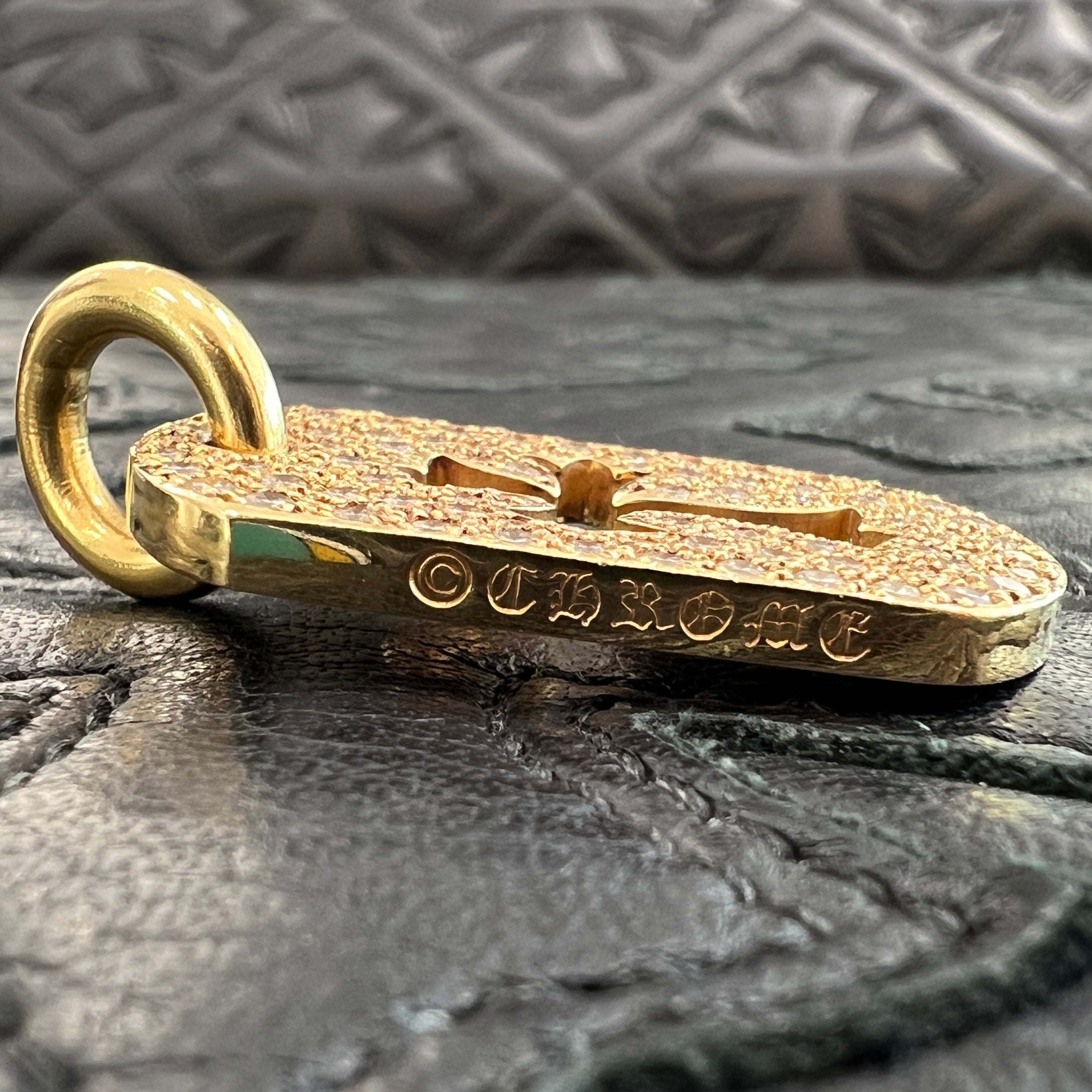 CHROME HEARTS 22K Small Cut Out Cross Dock Tag Pendant Charm Pave