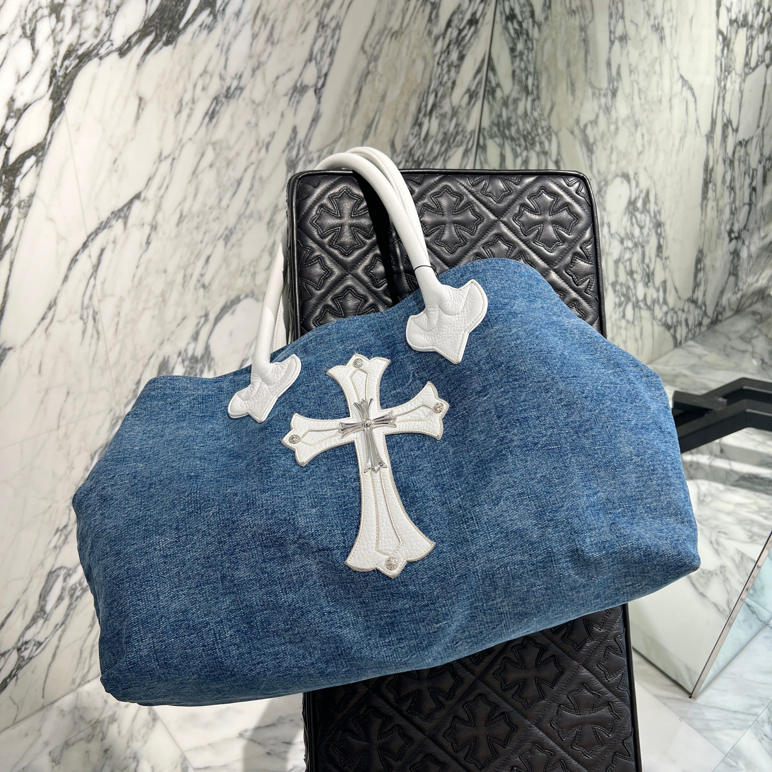 CHROME HEARTS Silver 1 Large Cross Patch Denim Tote Bag クロム