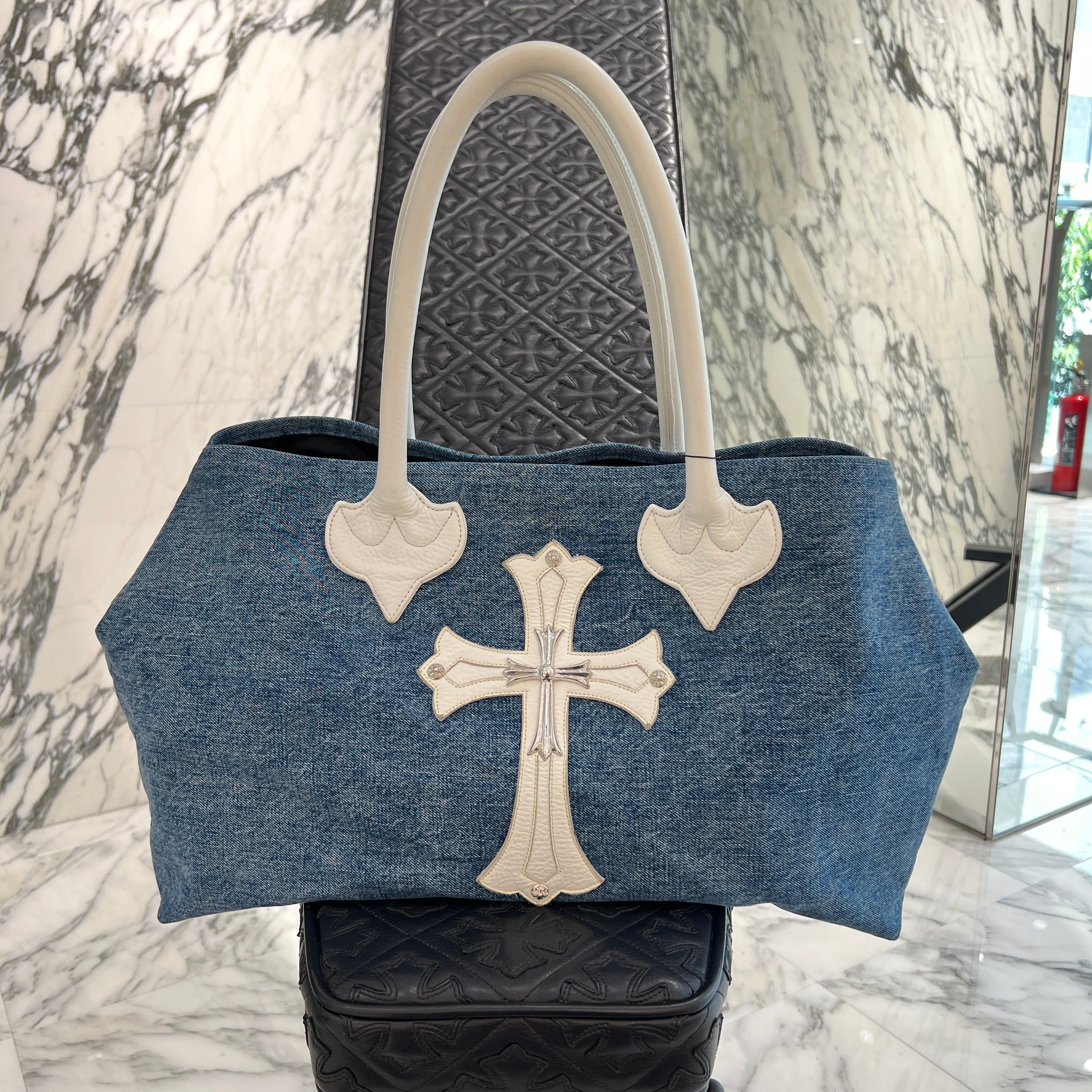 CHROME HEARTS Silver 1 Large Cross Patch Denim Tote Bag クロム