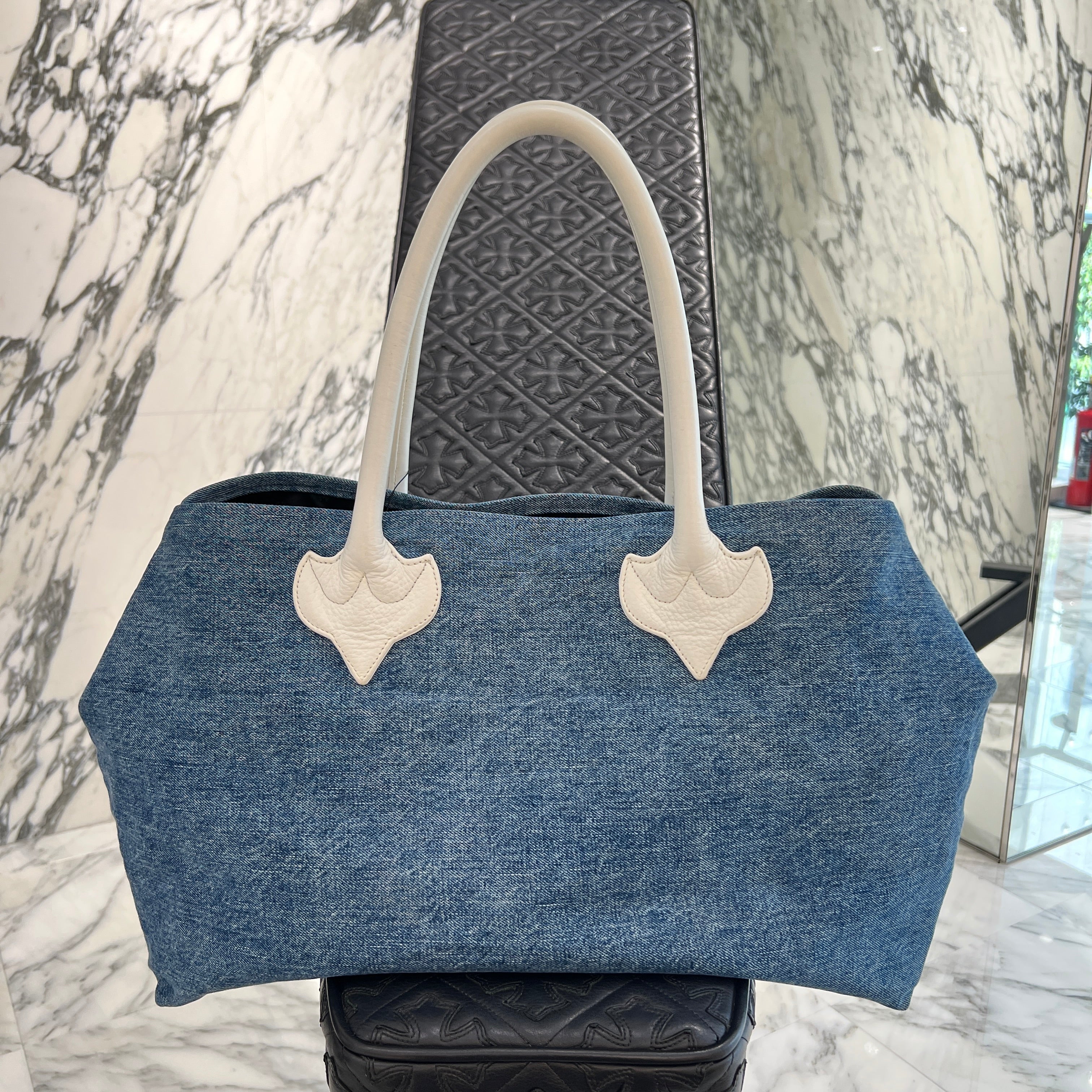CHROME HEARTS Silver 1 Large Cross Patch Denim Tote Bag クロム