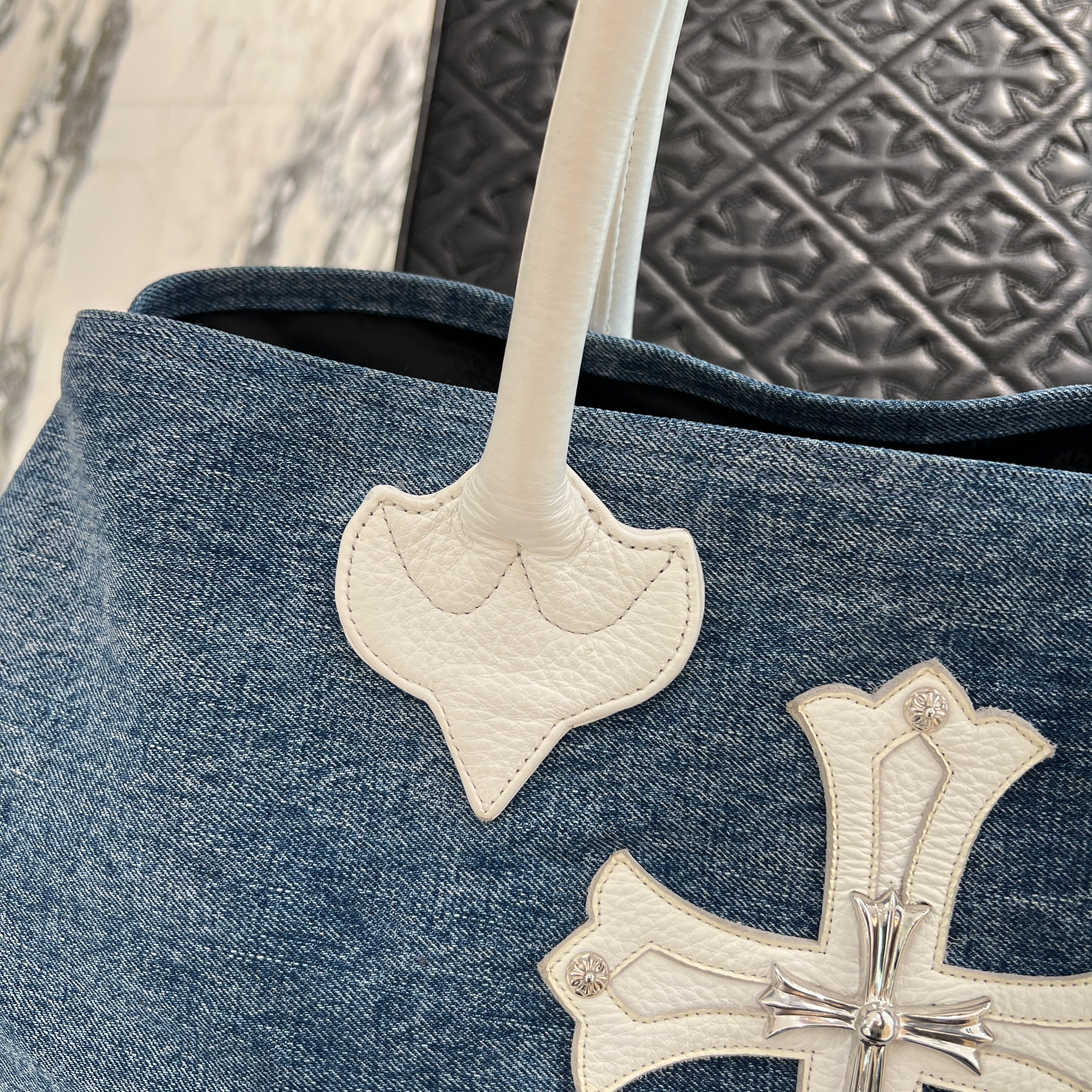 CHROME HEARTS Silver 1 Large Cross Patch Denim Tote Bag クロムハーツ シルバー 1ラージクロスパッチ デニム トートバッグ