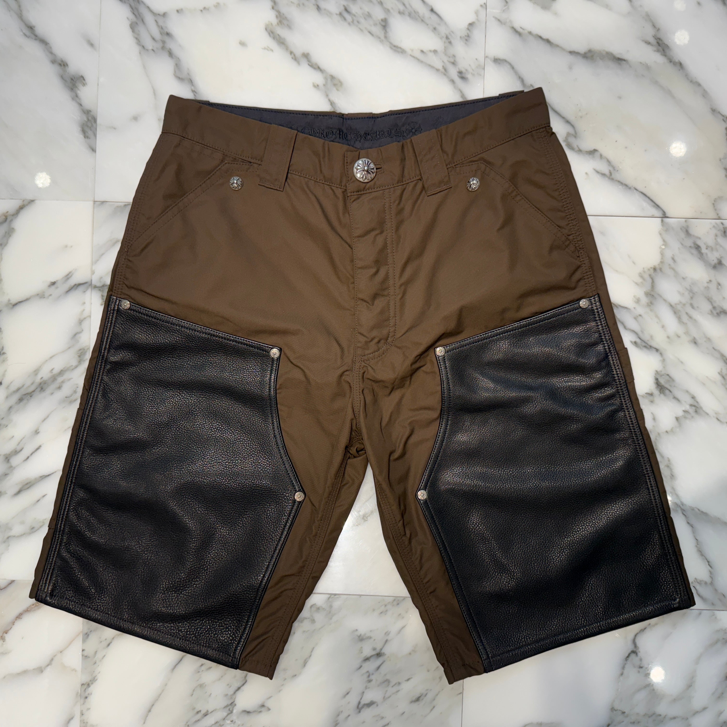 CHROME HEARTS Carpenter Leather Double Knee Nylon Pink Cross Patch Half Pants Size 30