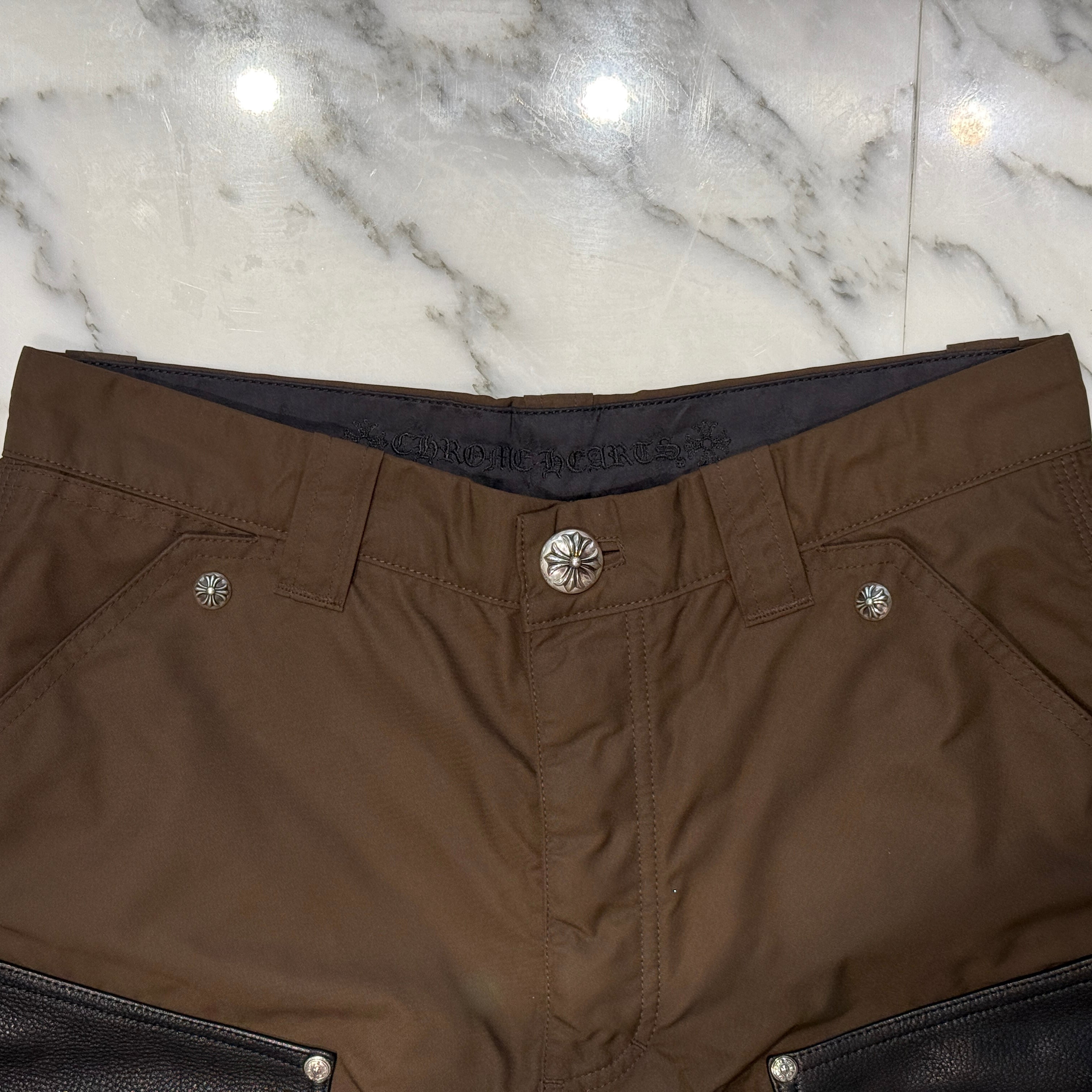 CHROME HEARTS Carpenter Leather Double Knee Nylon Pink Cross Patch Half Pants Size 30