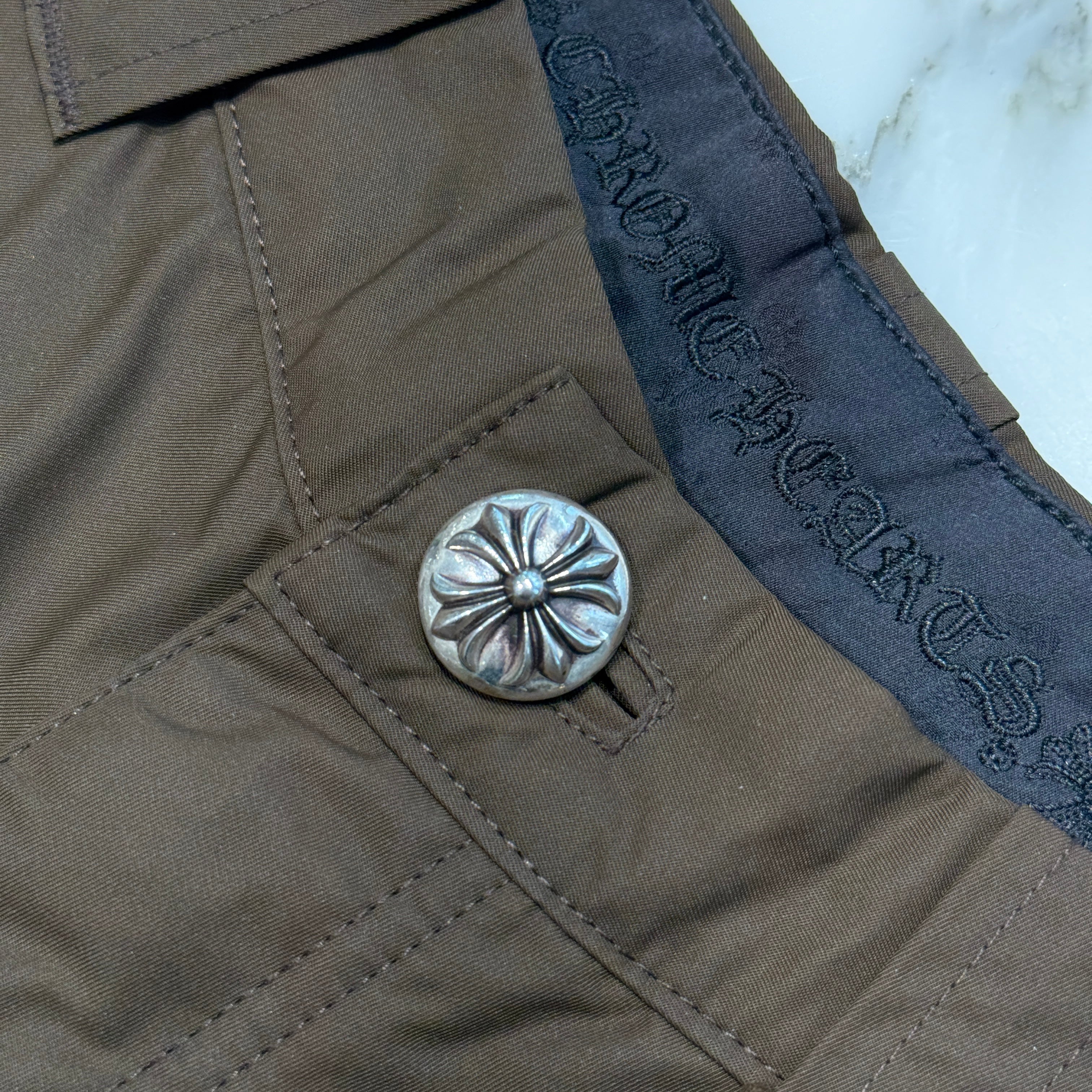 CHROME HEARTS Carpenter Leather Double Knee Nylon Pink Cross Patch Half Pants Size 30