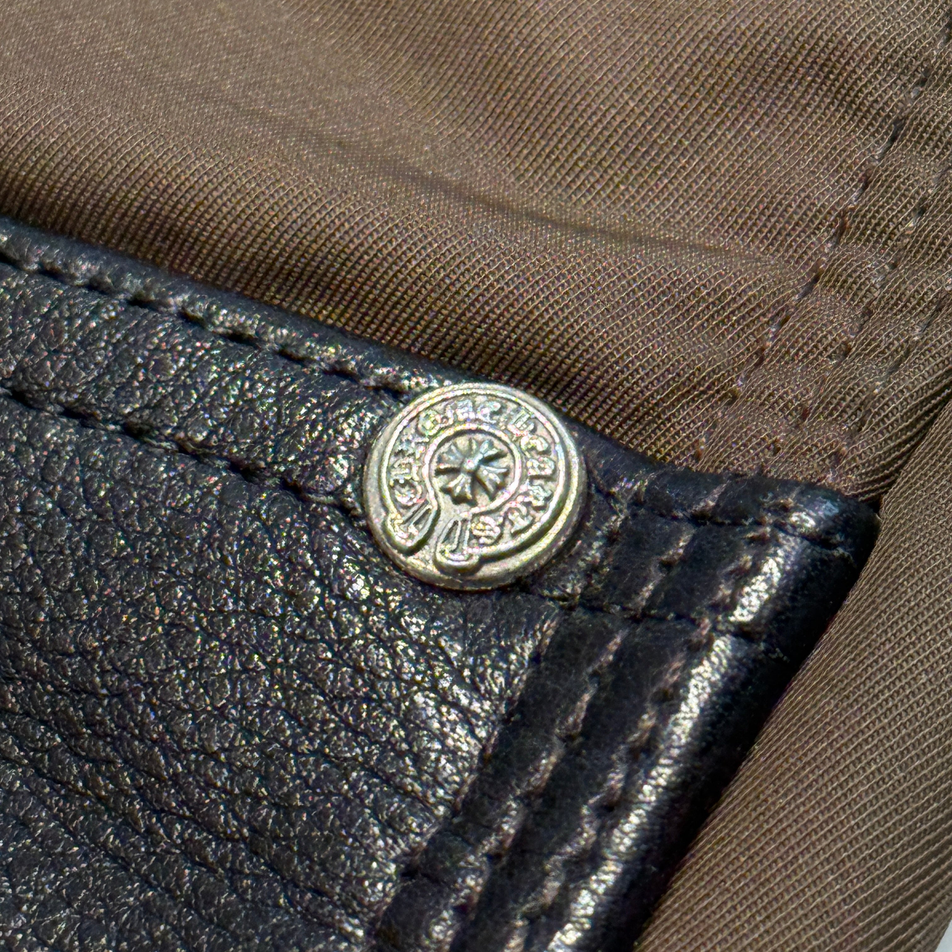 CHROME HEARTS Carpenter Leather Double Knee Nylon Pink Cross Patch Half Pants Size 30