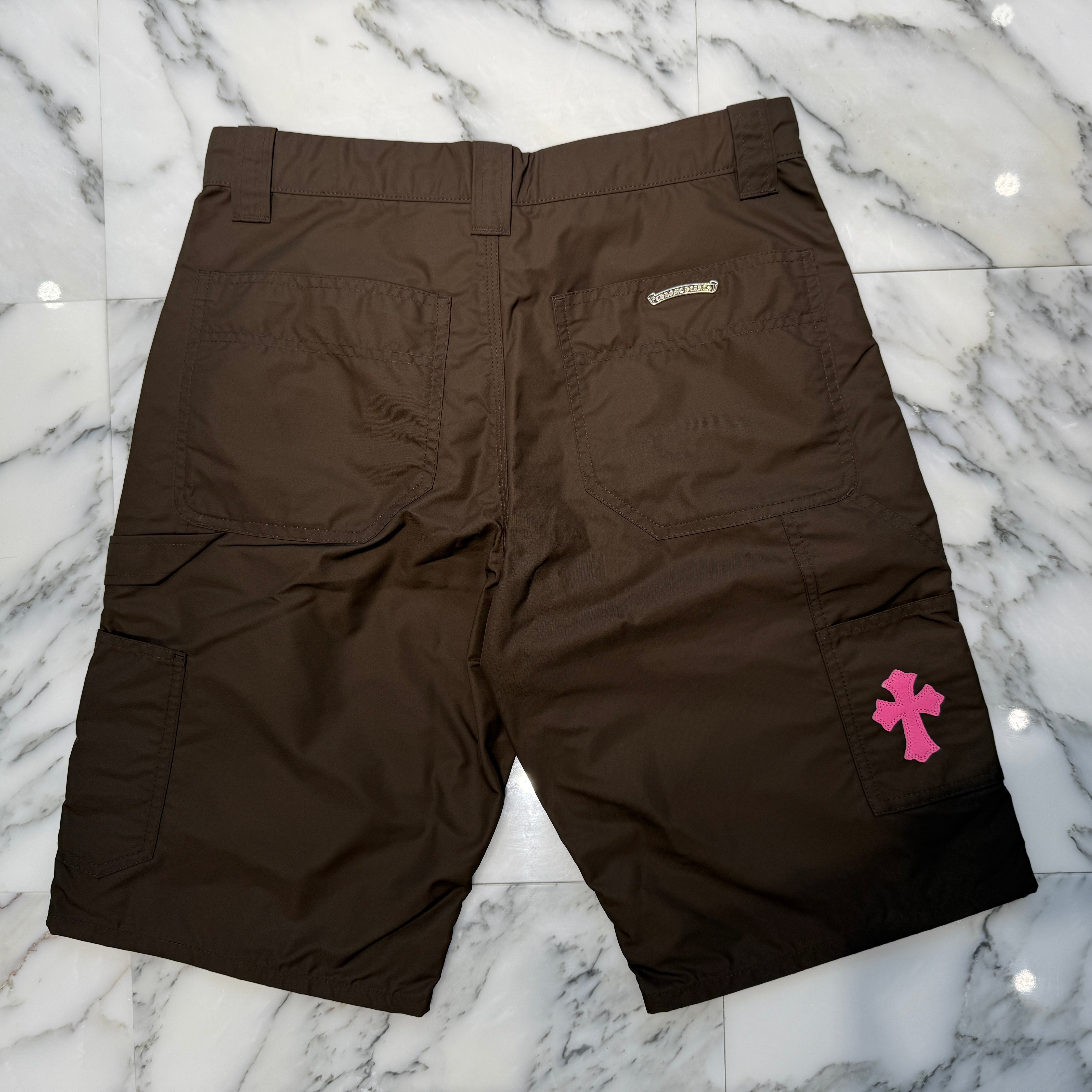 CHROME HEARTS Carpenter Leather Double Knee Nylon Pink Cross Patch Half Pants Size 30