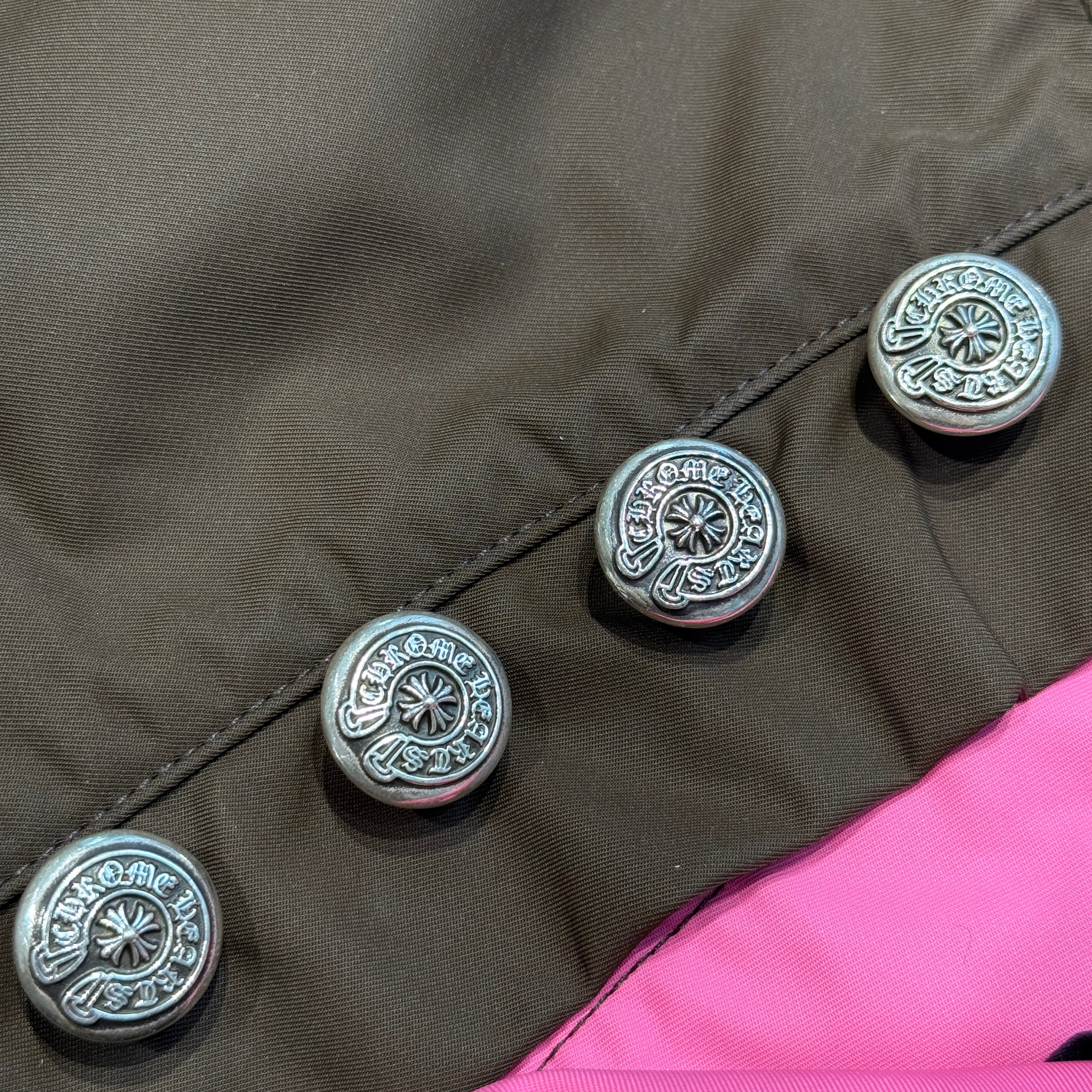 CHROME HEARTS Carpenter Leather Double Knee Nylon Pink Cross Patch Half Pants Size 30