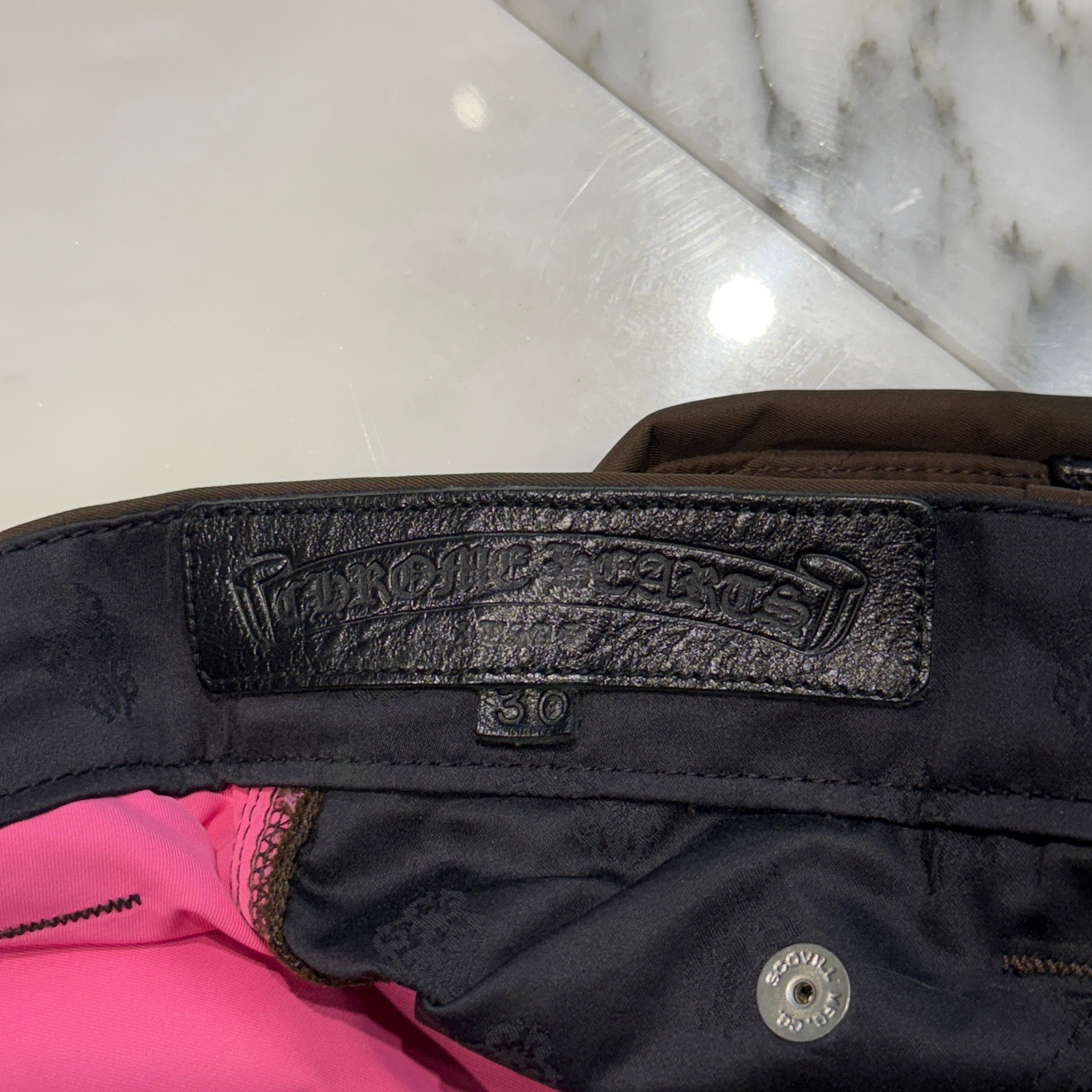 CHROME HEARTS Carpenter Leather Double Knee Nylon Pink Cross Patch Half Pants Size 30