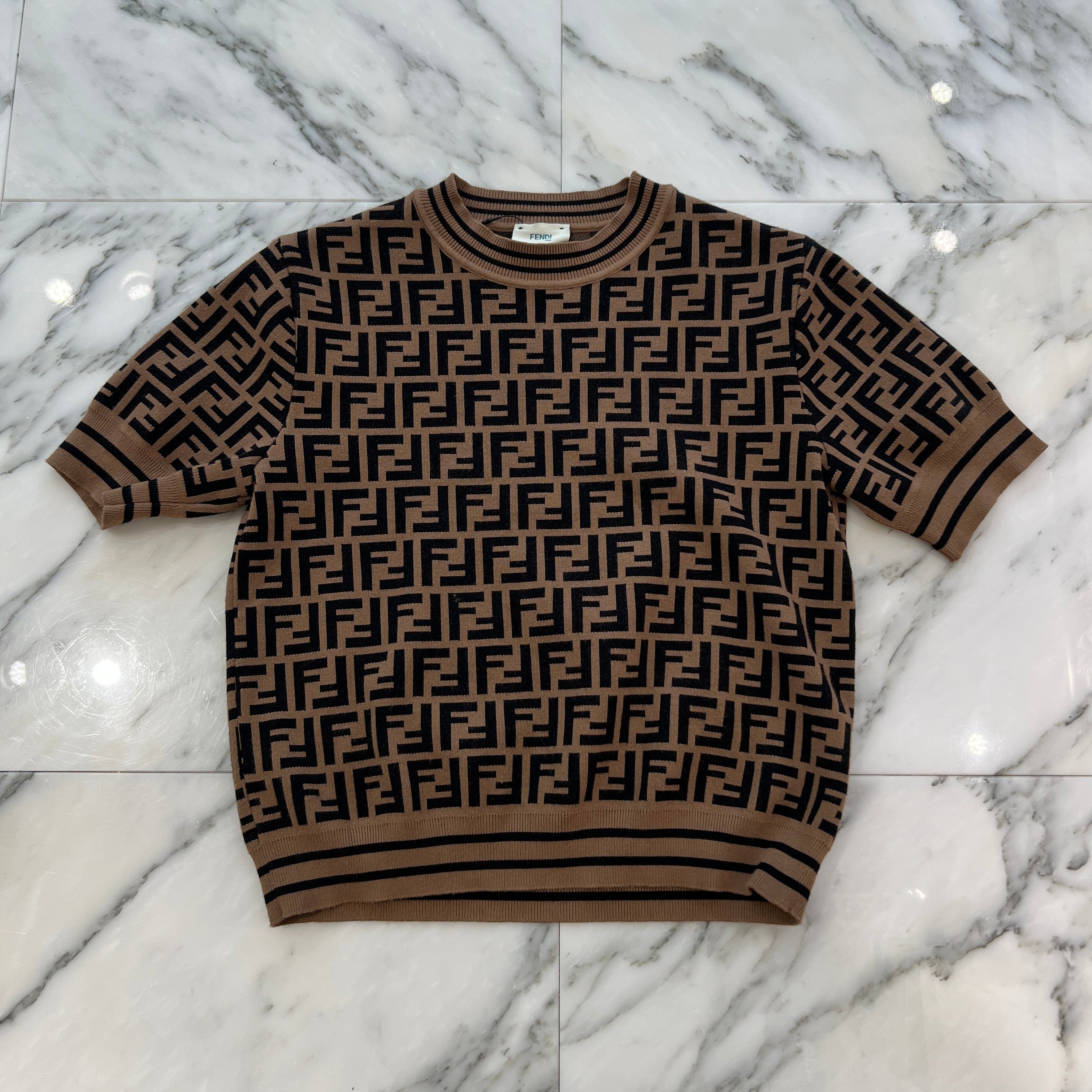 FENDI FF Logo Zucca Print Short Sleeve Knit JFG069 AEYD Size 12A
