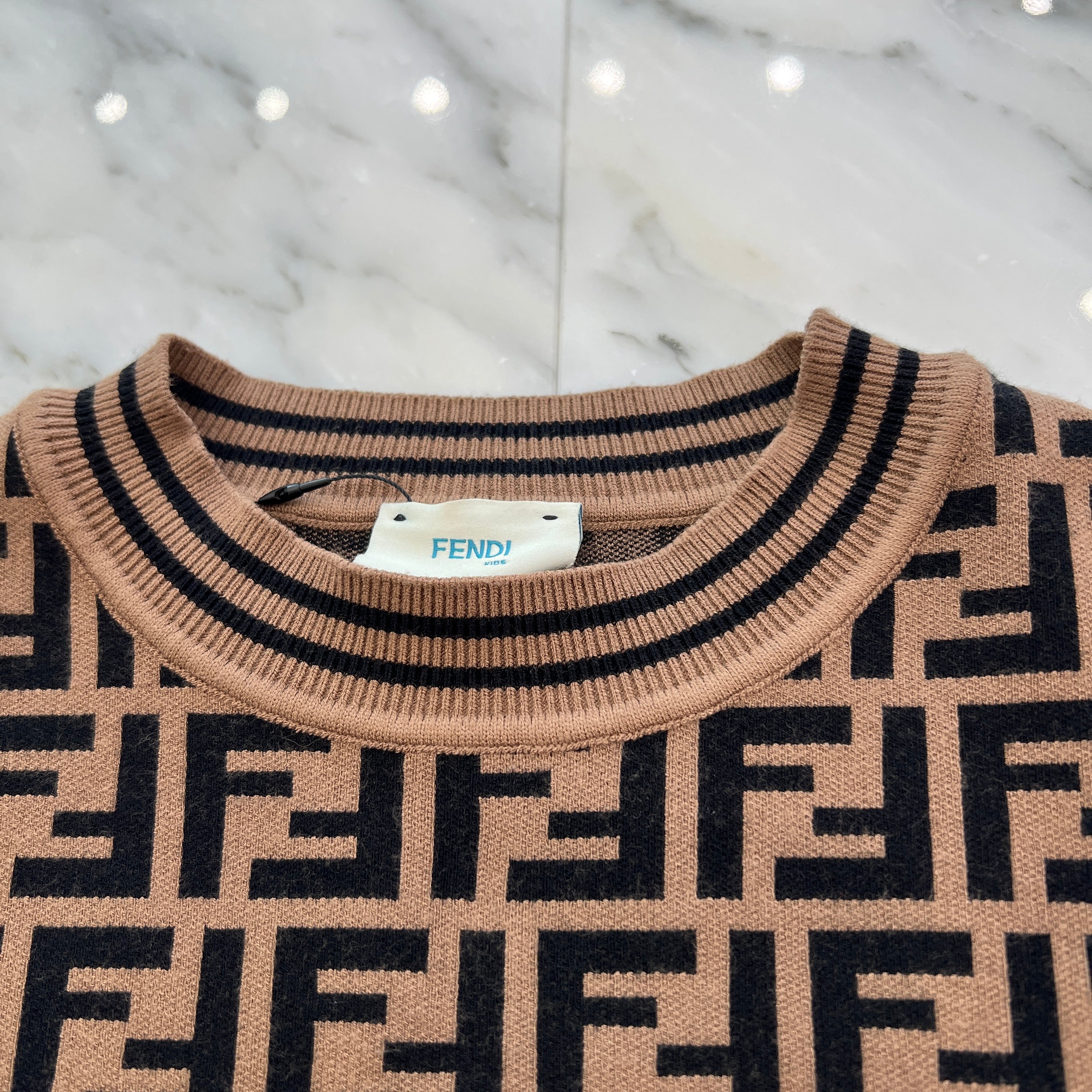 FENDI FF Logo Zucca Print Short Sleeve Knit JFG069 AEYD Size 12A
