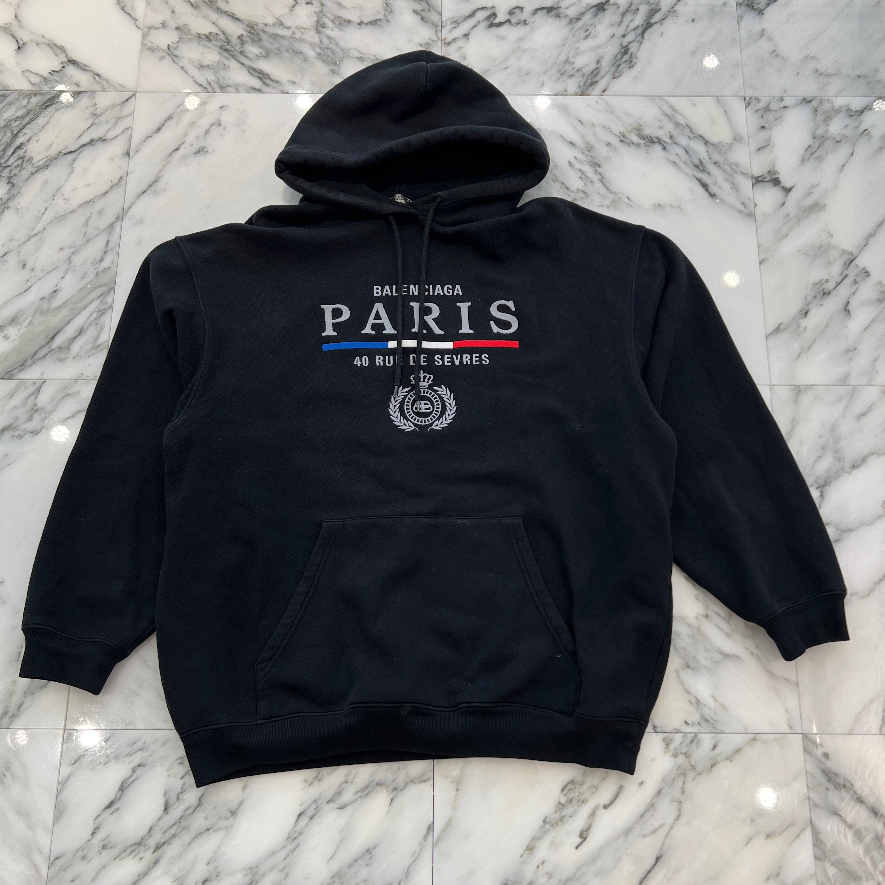 バレンシアガ 2019AW PARIS FLAG 刺繍 ロゴ パーカー ブラック 【公式
