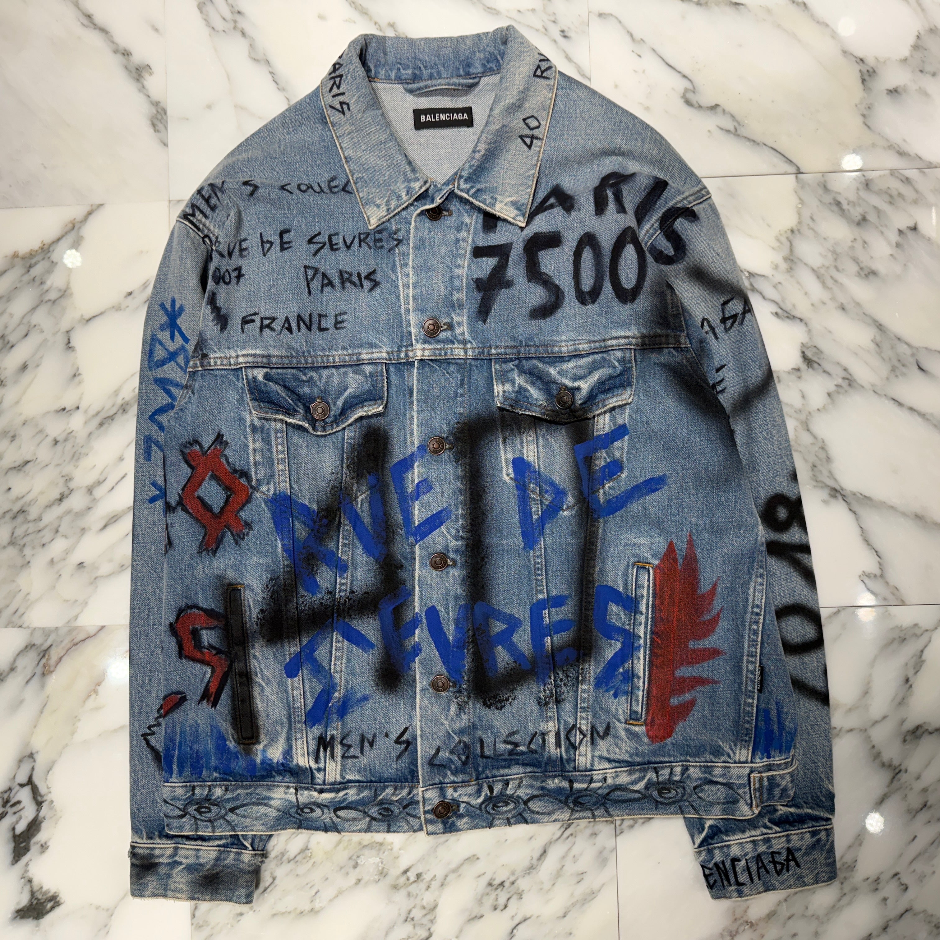 BALENCIAGA 2018AW Graffiti Paint Denim Jacket 534556 TBP33 Size 44