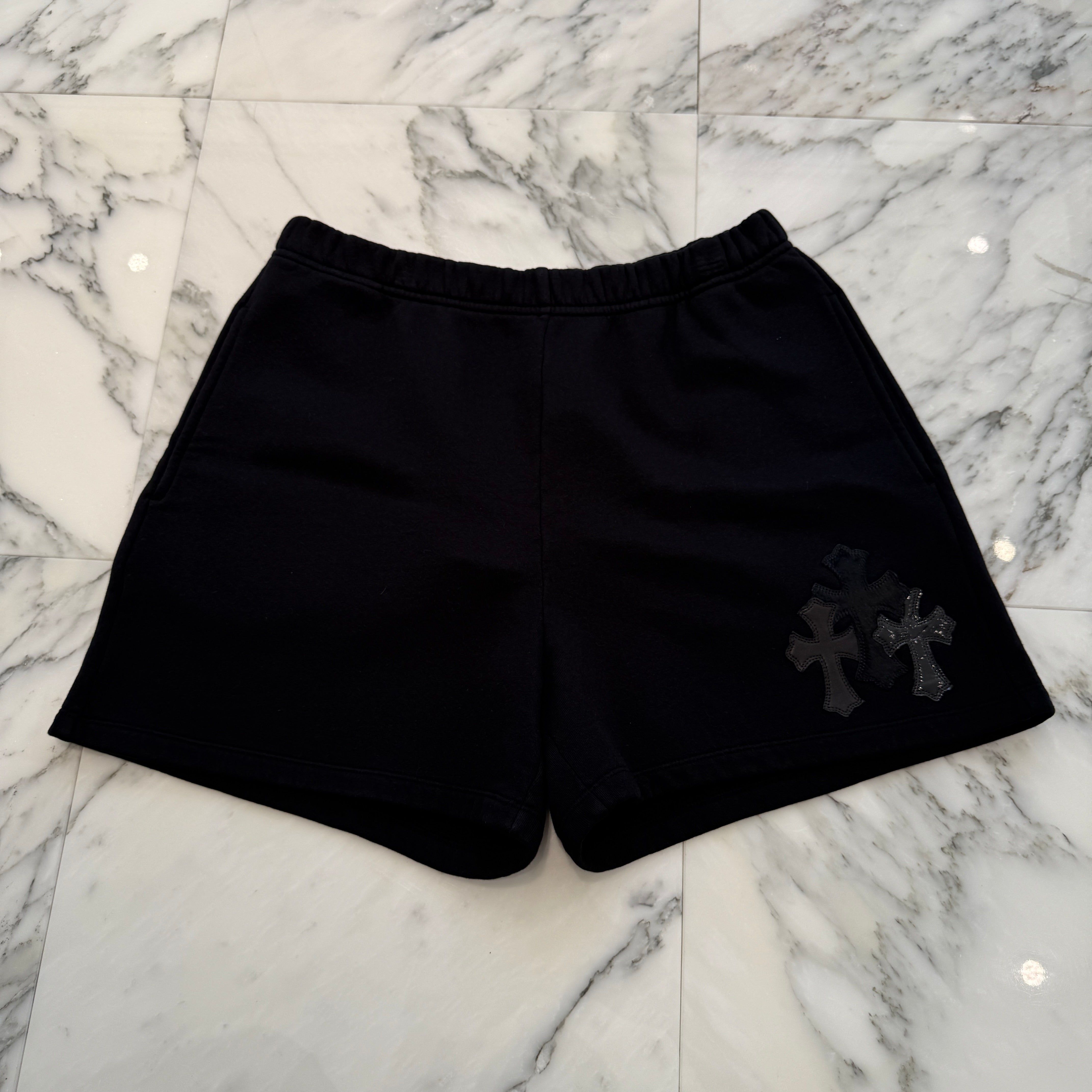 クロムハーツ ワイノット 3 セメタリークロス パッチ スウェットショーツM CHROME HEARTS Y NOT 3 Cemetery Cross Multi Leather Patch Sweat