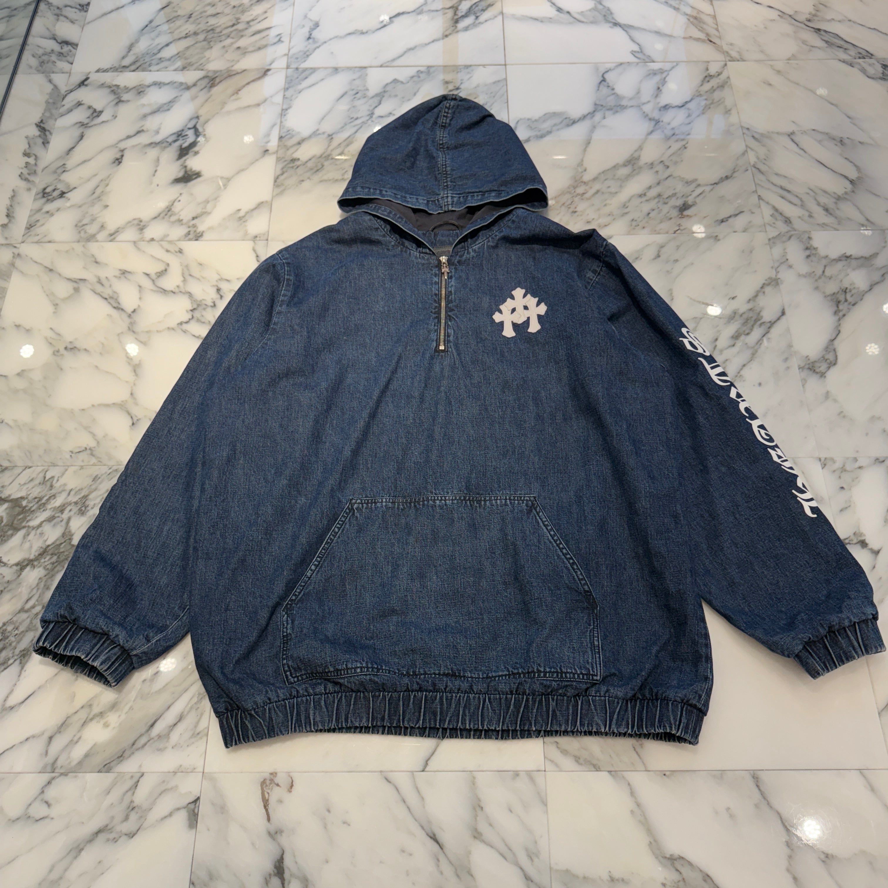 CHROME HEARTS 2024AW Leather Cemetery Triple Cross Denim Anorak Jacket Size XL クロムハーツ レザーセメタリートリプルクロス デニム アノラック ジャケット サイズXL