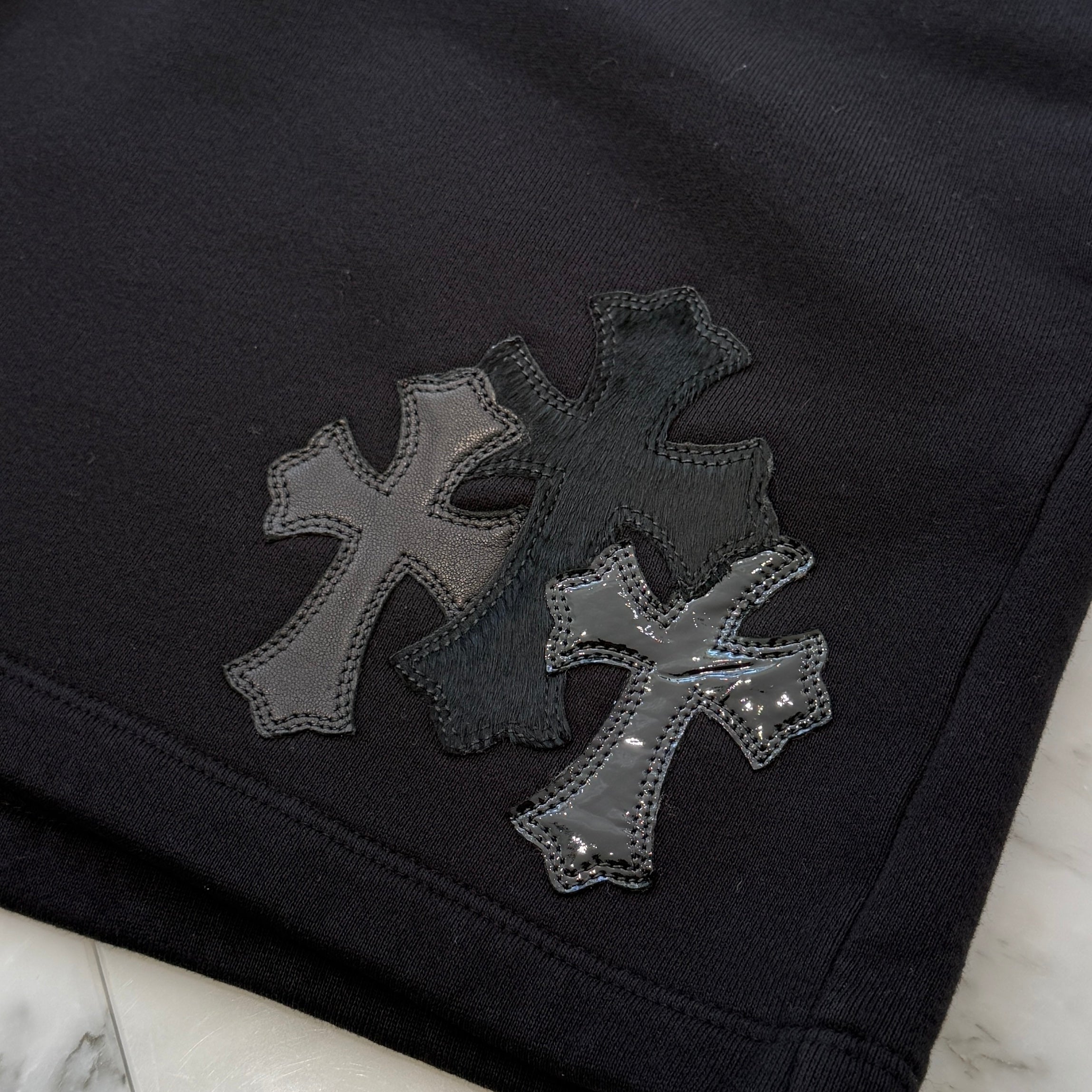 CHROME HEARTS Y NOT 3 Cemetery Cross Multi Leather Patch Sweat Shorts Size M クロムハーツ ワイノット 3セメタリークロス マルチレザーパッチ スウェットショーツ サイズM