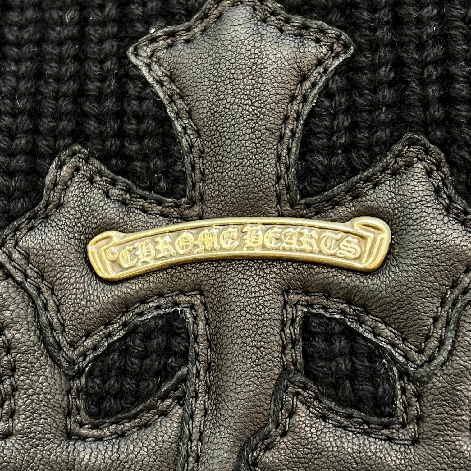 CHROME HEARTS Y NOT Triple Cross Leather Patch Cashmere Knit Size L クロムハーツ ワイノット トリプルクロスレザーパッチ カシミア ニット サイズL