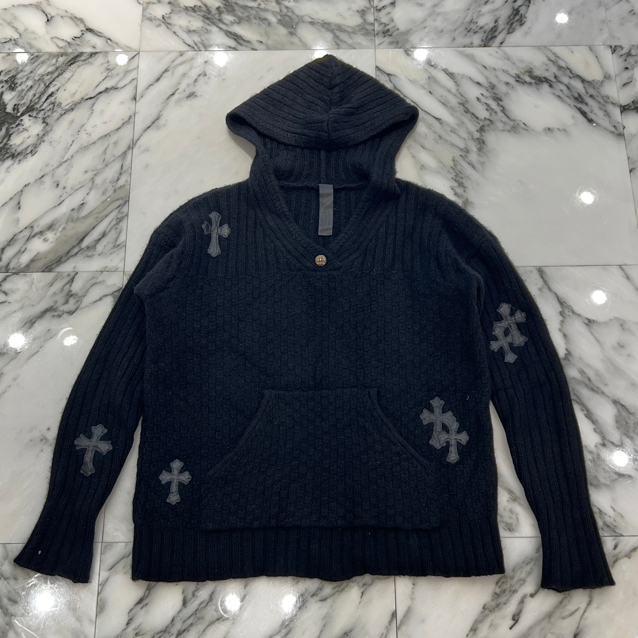 CHROME HEARTS Y NOT Cemetery Cross Leather Patch Cashmere Knit Hoodie Size M クロムハーツ ワイノット セメタリークロスレザーパッチ カシミヤニット フーディ サイズM