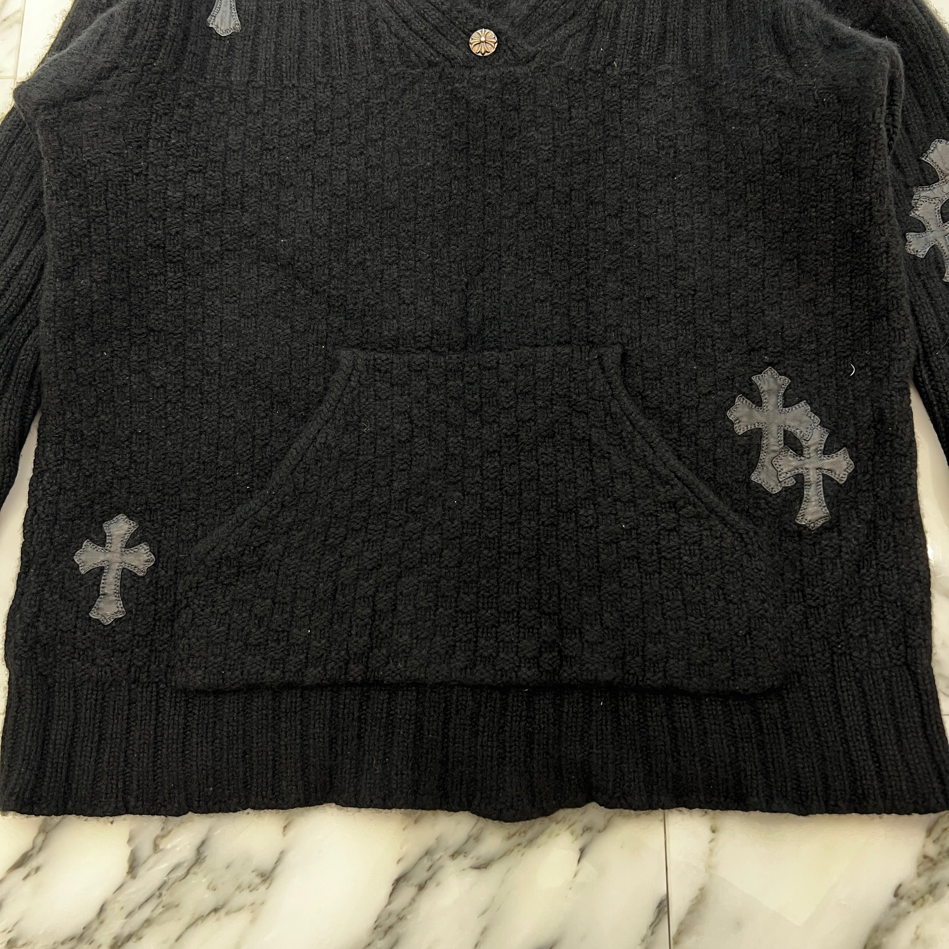 CHROME HEARTS Y NOT Cemetery Cross Leather Patch Cashmere Knit Hoodie Size M クロムハーツ ワイノット セメタリークロスレザーパッチ カシミヤニット フーディ サイズM