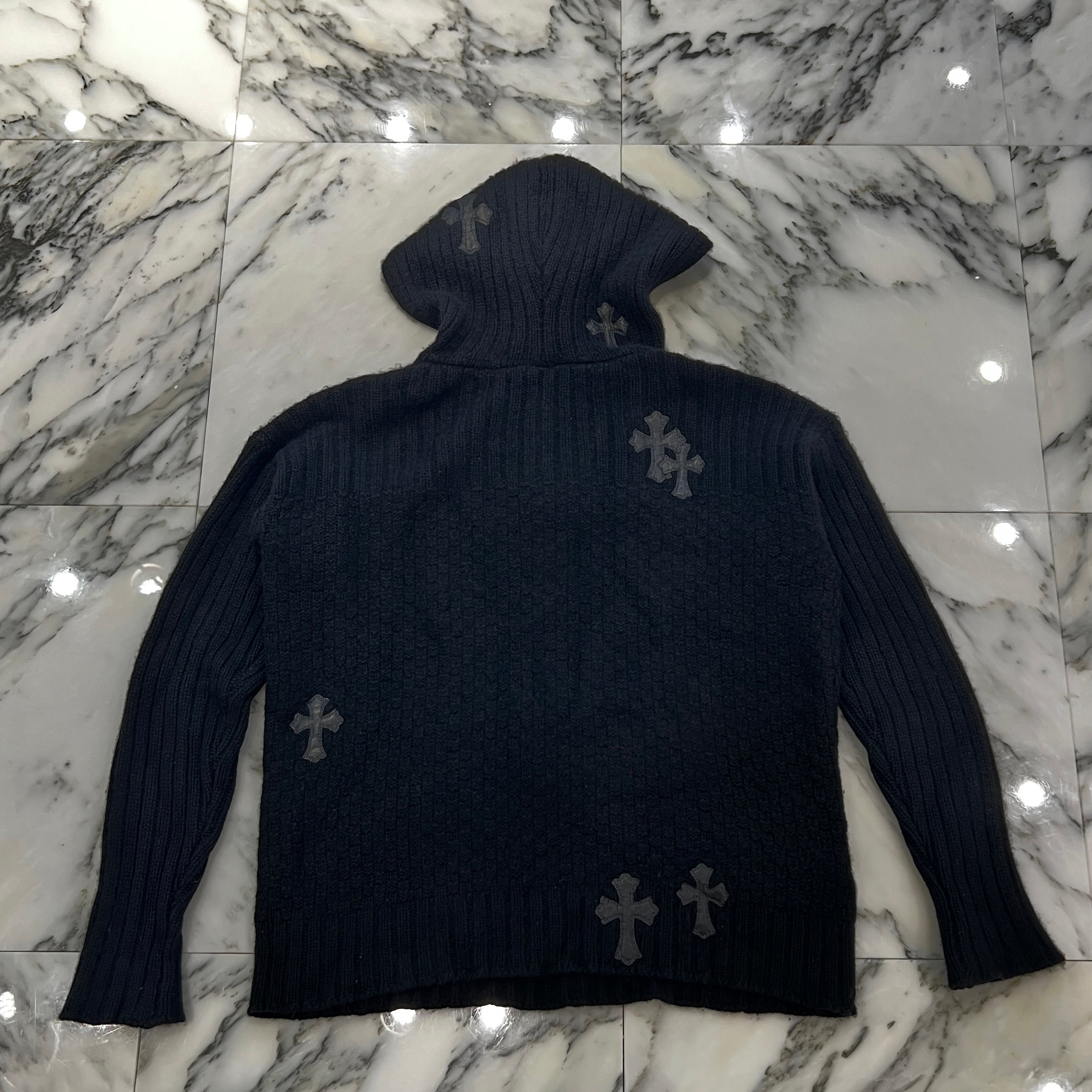 CHROME HEARTS Y NOT Cemetery Cross Leather Patch Cashmere Knit Hoodie Size M クロムハーツ ワイノット セメタリークロスレザーパッチ カシミヤニット フーディ サイズM