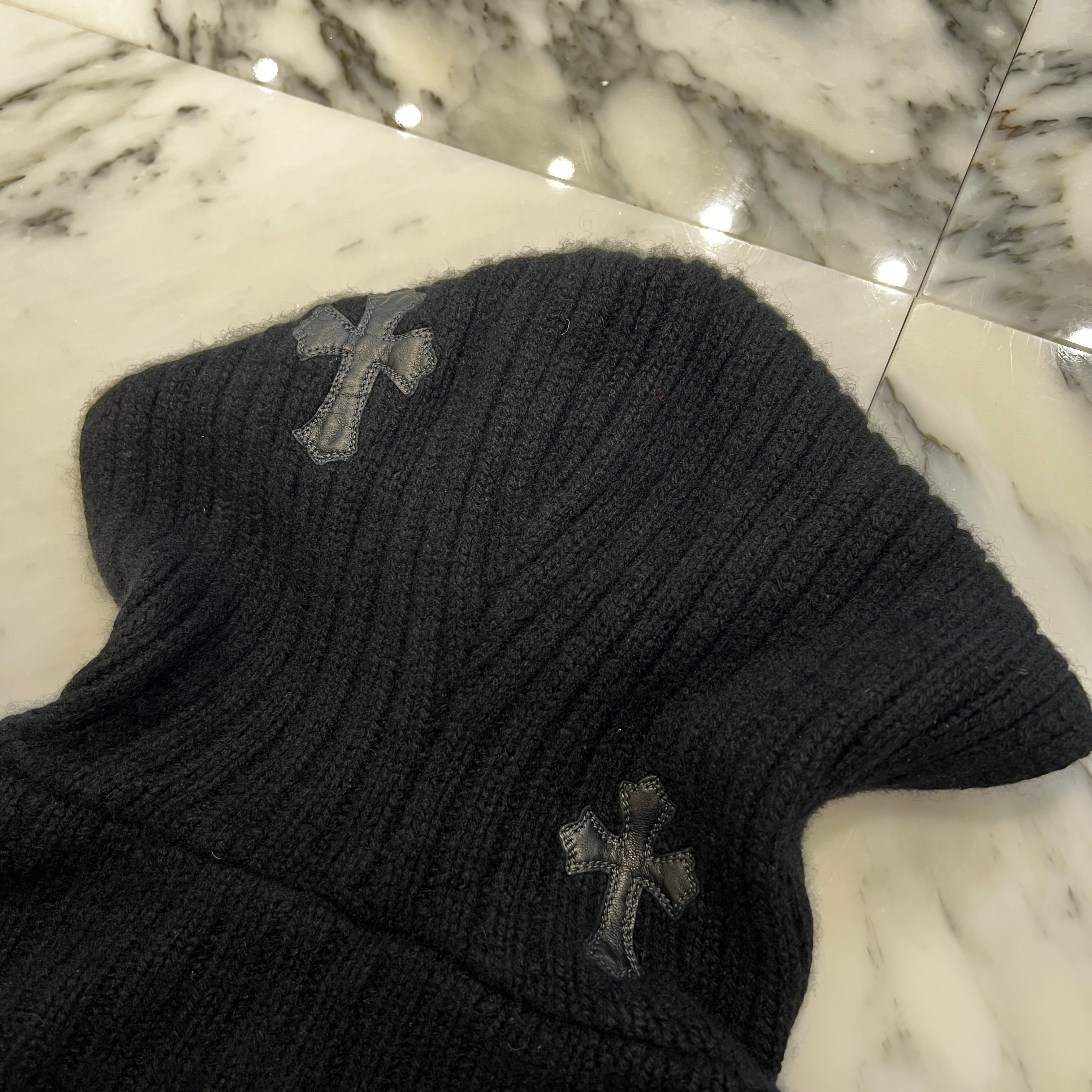 CHROME HEARTS Y NOT Cemetery Cross Leather Patch Cashmere Knit Hoodie Size M クロムハーツ ワイノット セメタリークロスレザーパッチ カシミヤニット フーディ サイズM