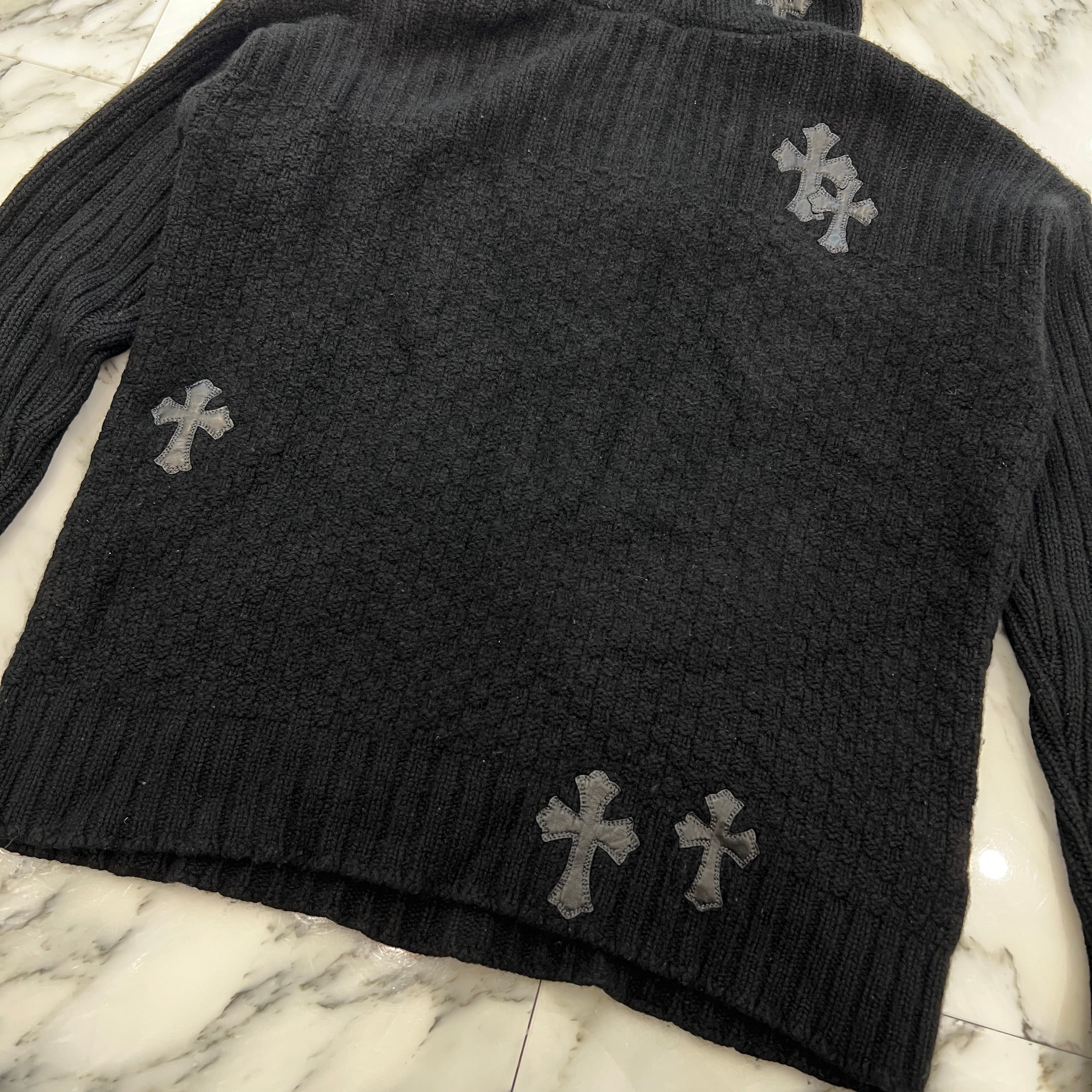 CHROME HEARTS Y NOT Cemetery Cross Leather Patch Cashmere Knit Hoodie Size M クロムハーツ ワイノット セメタリークロスレザーパッチ カシミヤニット フーディ サイズM