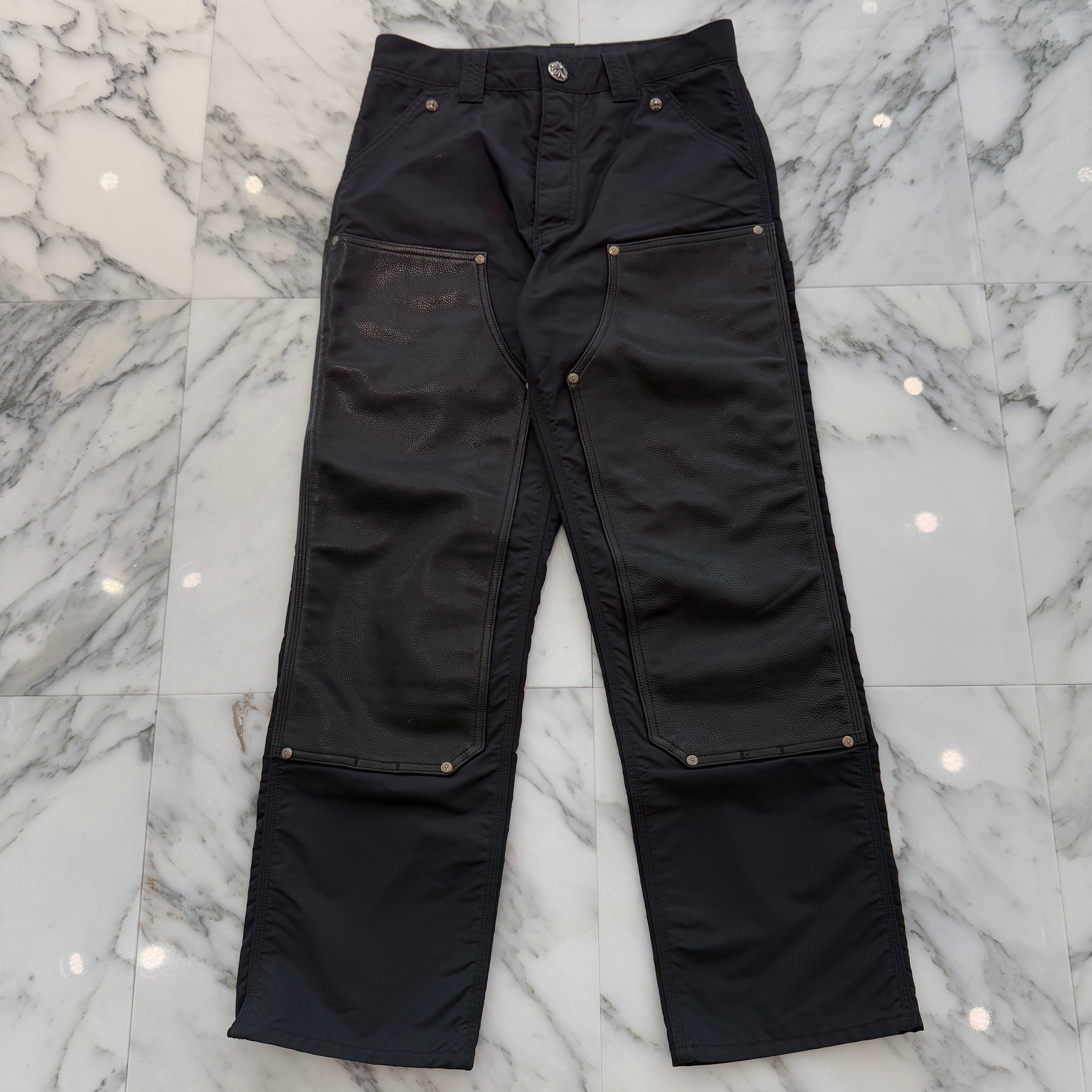 CHROME HEARTS Carpenter Leather Cross Patch Nylon Leather Work Pants Size 29 クロムハーツ カーペンター レザークロスパッチ ナイロン レザー 切替 ワークパンツ サイズ29