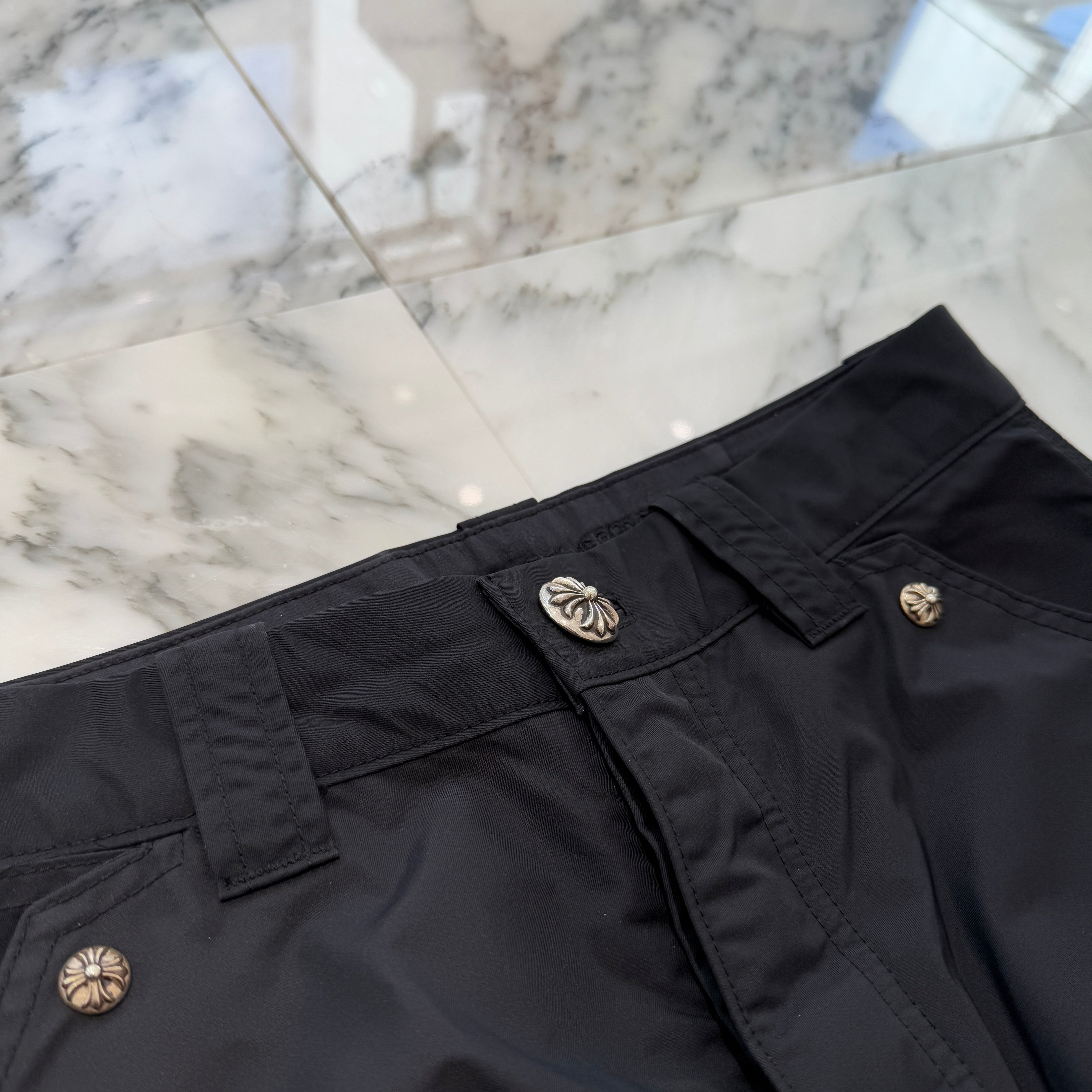 CHROME HEARTS Carpenter Leather Cross Patch Nylon Leather Work Pants Size 29 クロムハーツ カーペンター レザークロスパッチ ナイロン レザー 切替 ワークパンツ サイズ29