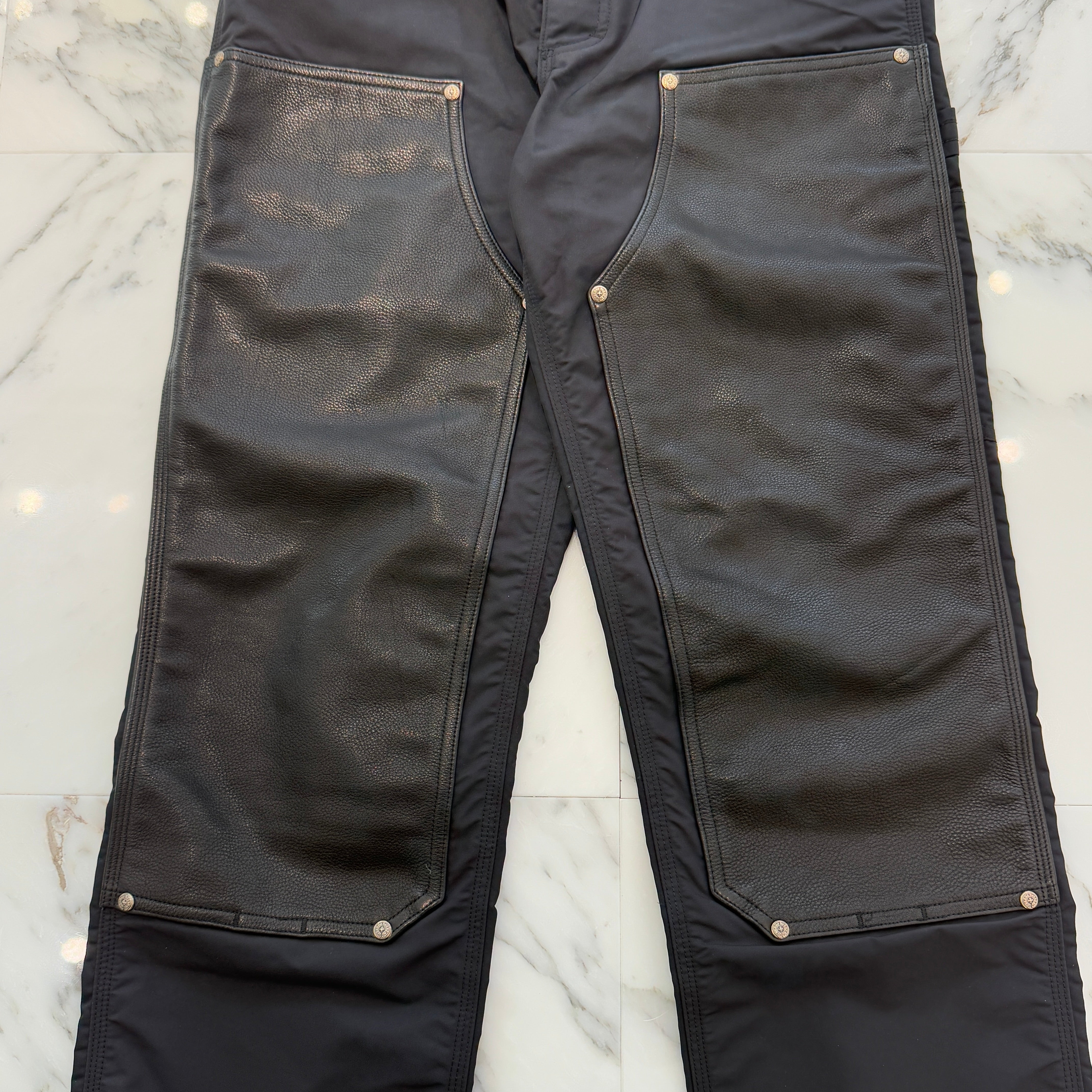 CHROME HEARTS Carpenter Leather Cross Patch Nylon Leather Work Pants Size 29 クロムハーツ カーペンター レザークロスパッチ ナイロン レザー 切替 ワークパンツ サイズ29