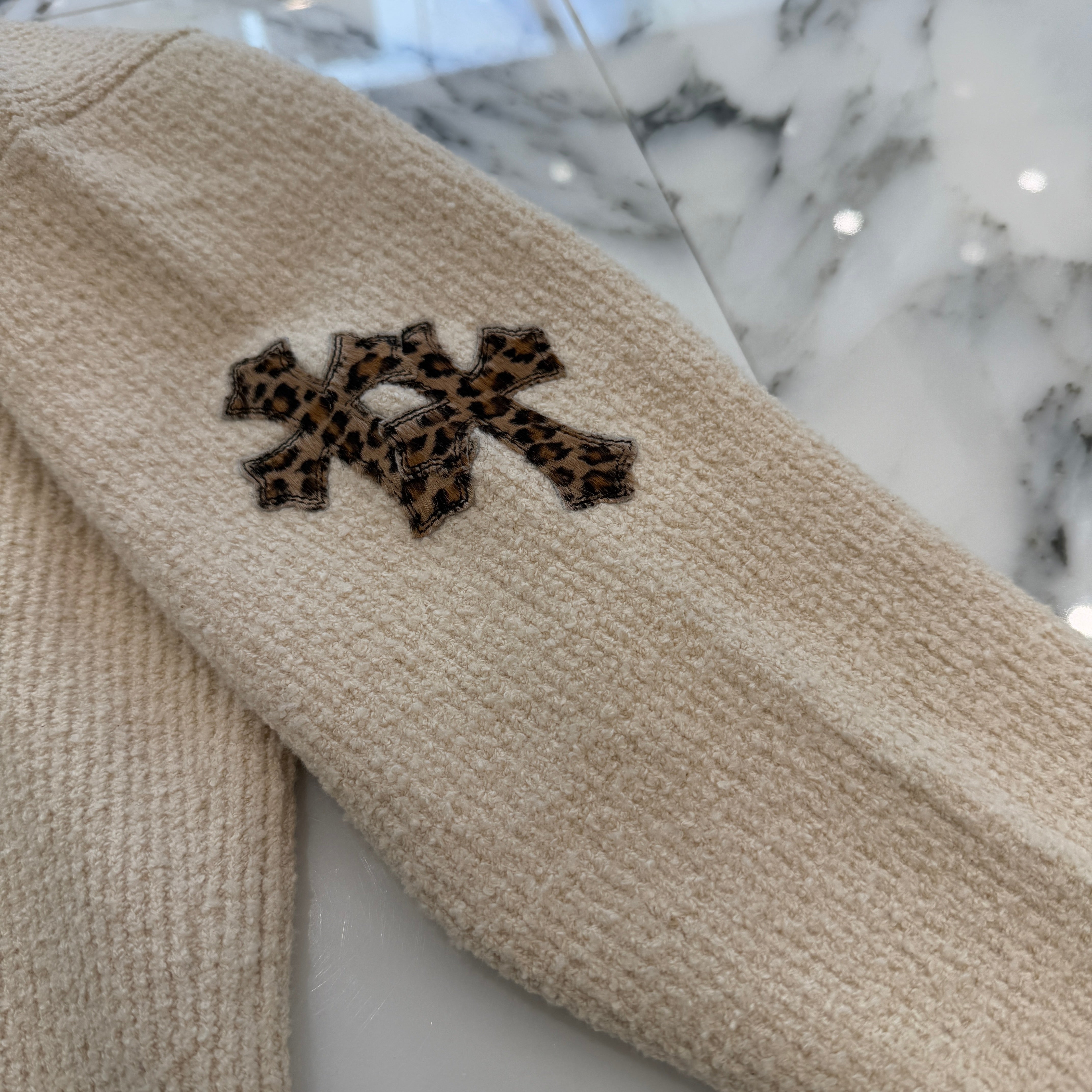 CHROME HEARTS YNOT Leopard Harako Leather Cross Patch High Neck Knit Sweater Size XS クロムハーツ ワイノット レオパード ハラコレザークロスパッチ ハイネック ニットセーター サイズXS