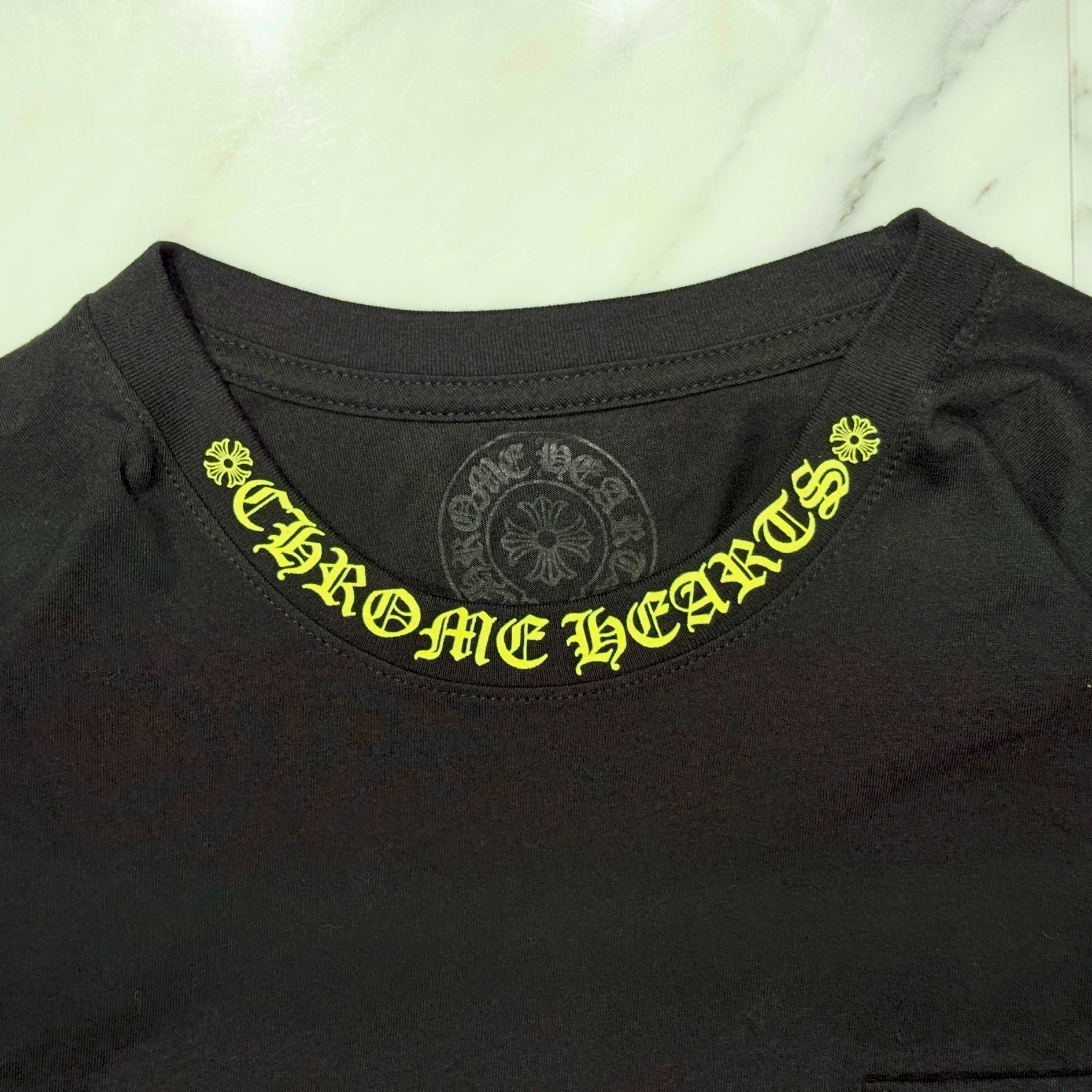 CHROME HEARTS Old English Neck Logo Neon Yellow Long Sleeve Tee Size XL