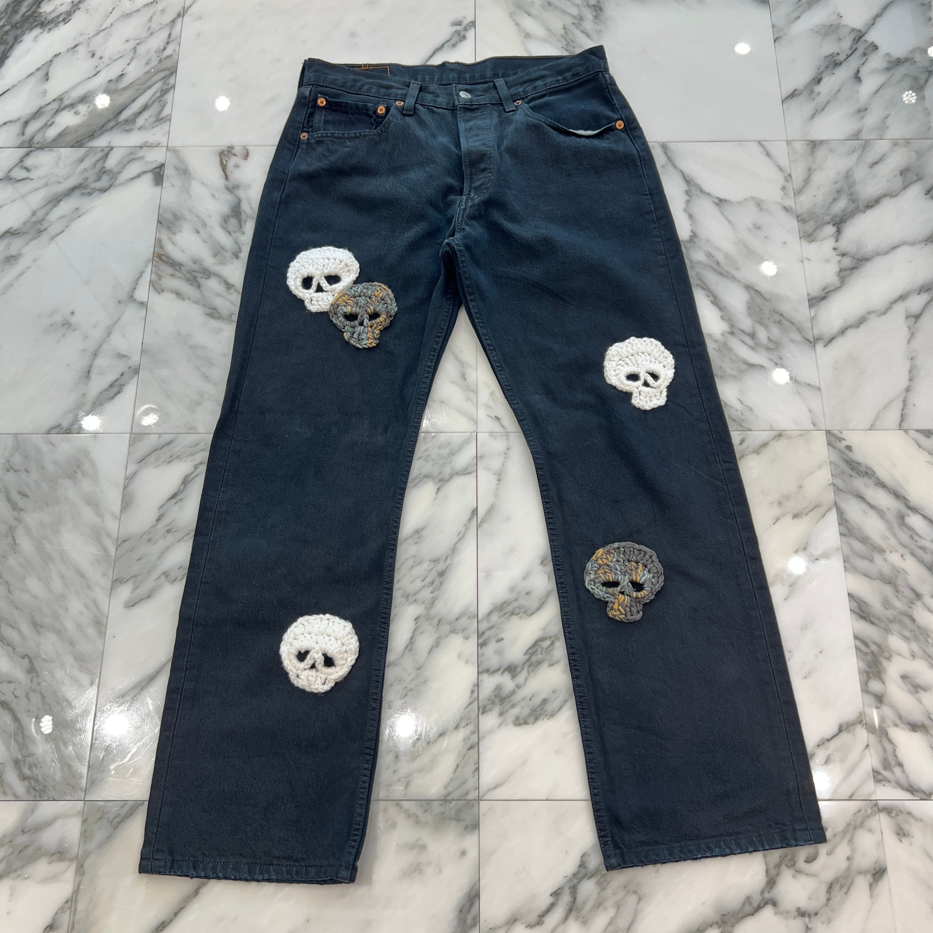 Y.A.R.N × mementos Levi's 501 Body Knit Scull Denim Pants Size W32×L30 ヤーン × メメントス リーバイス 501 ボディ ニットスカル デニムパンツ サイズ W32×L30