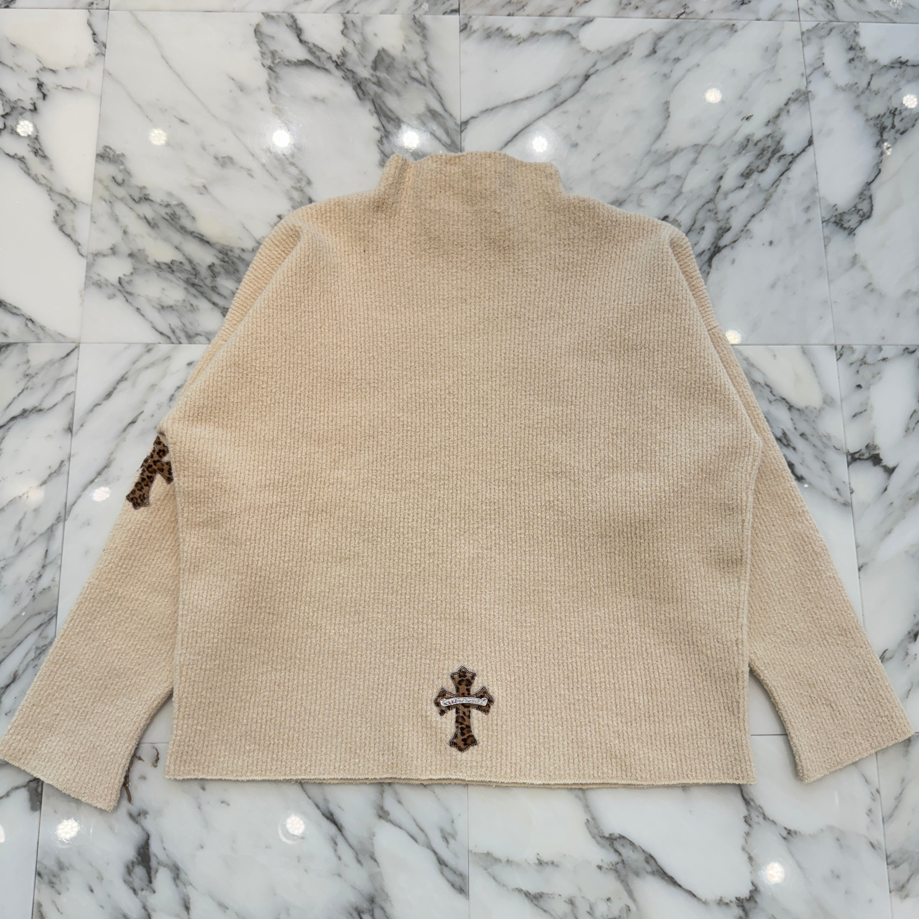 CHROME HEARTS YNOT Leopard Harako Leather Cross Patch High Neck Knit Sweater Size M/L クロムハーツ ワイノット レオパード ハラコレザークロスパッチ ハイネック ニットセーター サイズM/L