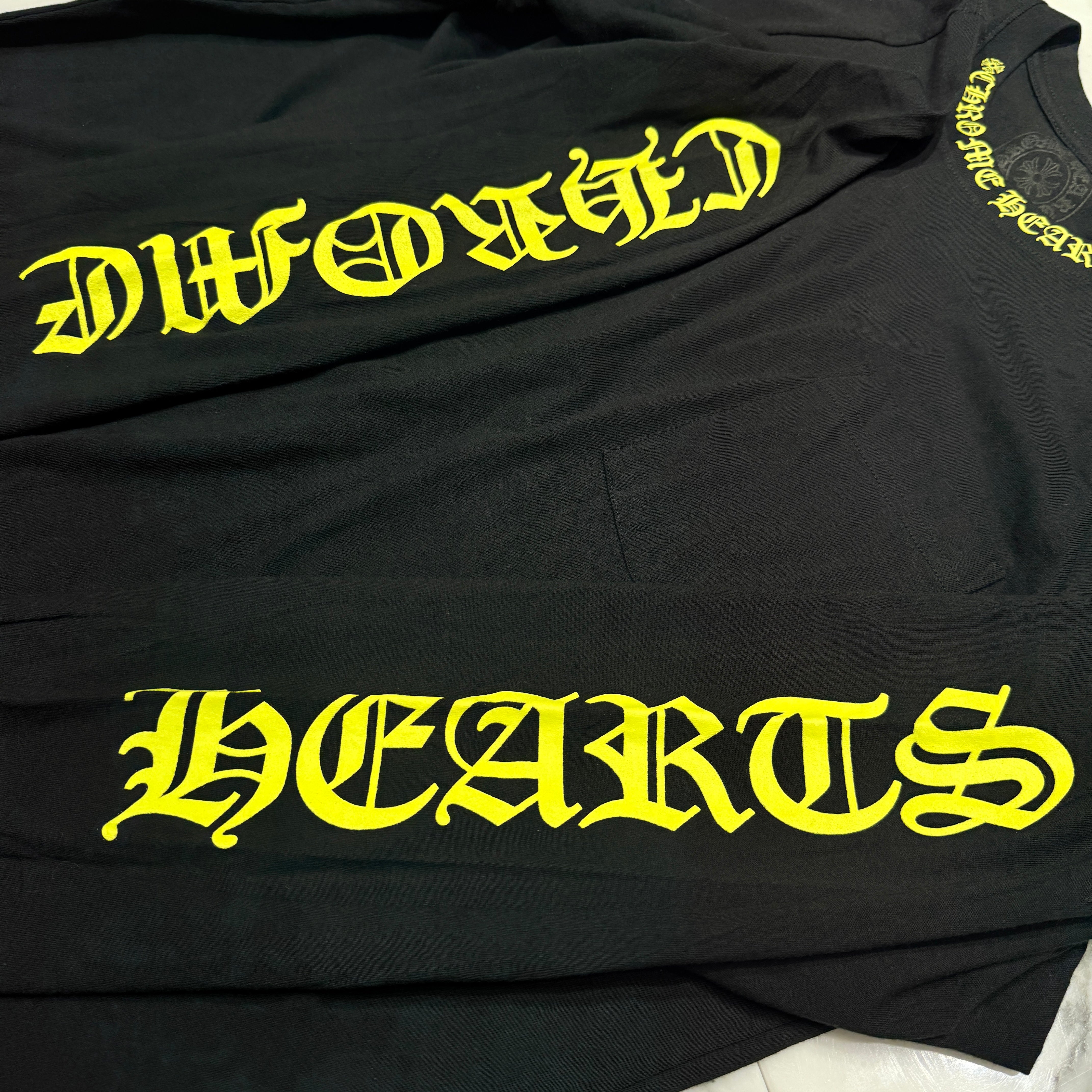 CHROME HEARTS Old English Neck Logo Neon Yellow Long Sleeve Tee Size XL