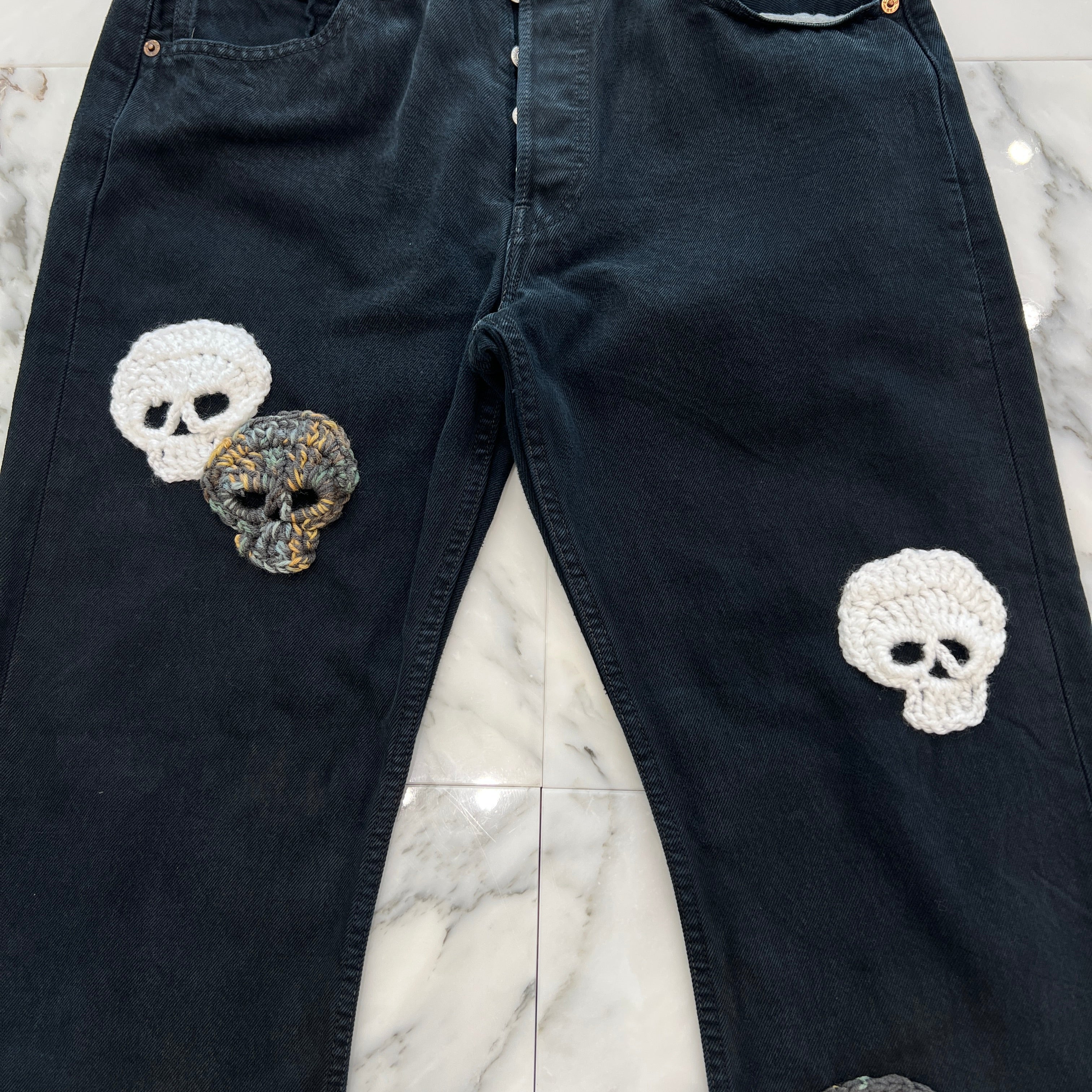Y.A.R.N × mementos Levi's 501 Body Knit Scull Denim Pants Size W32×L30 ヤーン × メメントス リーバイス 501 ボディ ニットスカル デニムパンツ サイズ W32×L30